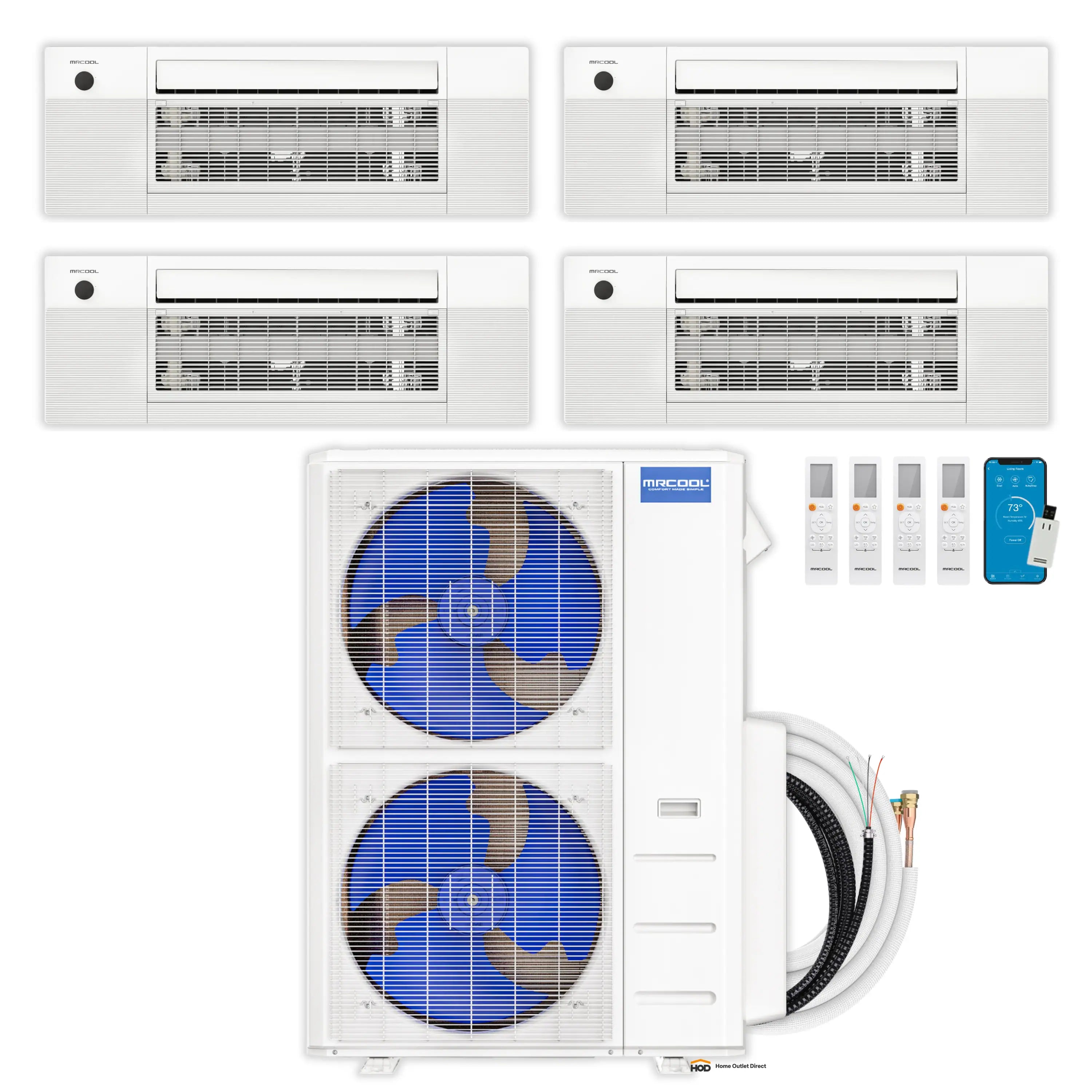 White ductless mini split outdoor condenser with line set and remote accessories