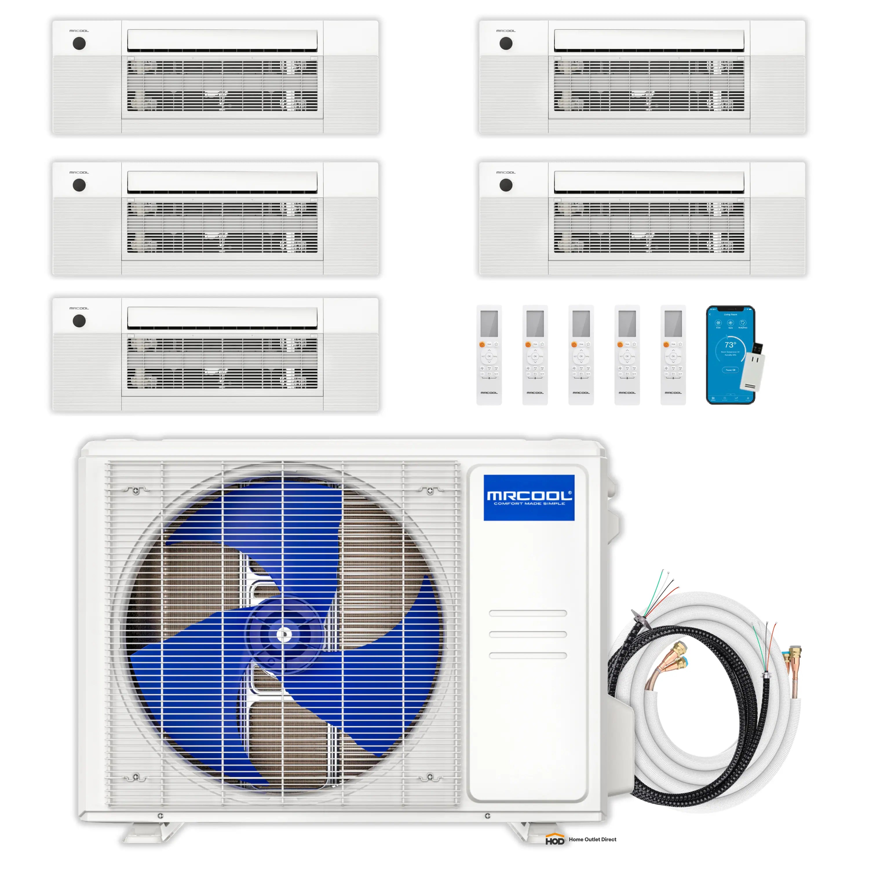 Multi-zone ductless mini split kit with condenser and ceiling cassette air handlers