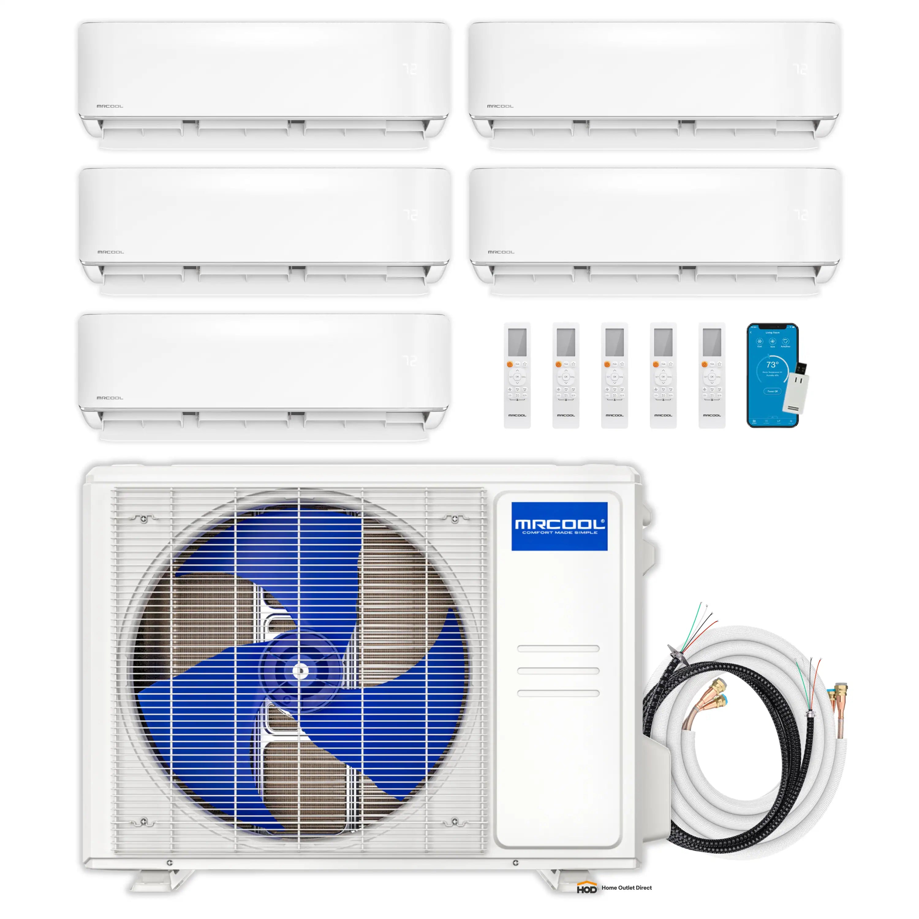 MRCOOL ductless mini split system set with outdoor condenser, four wall units, line set