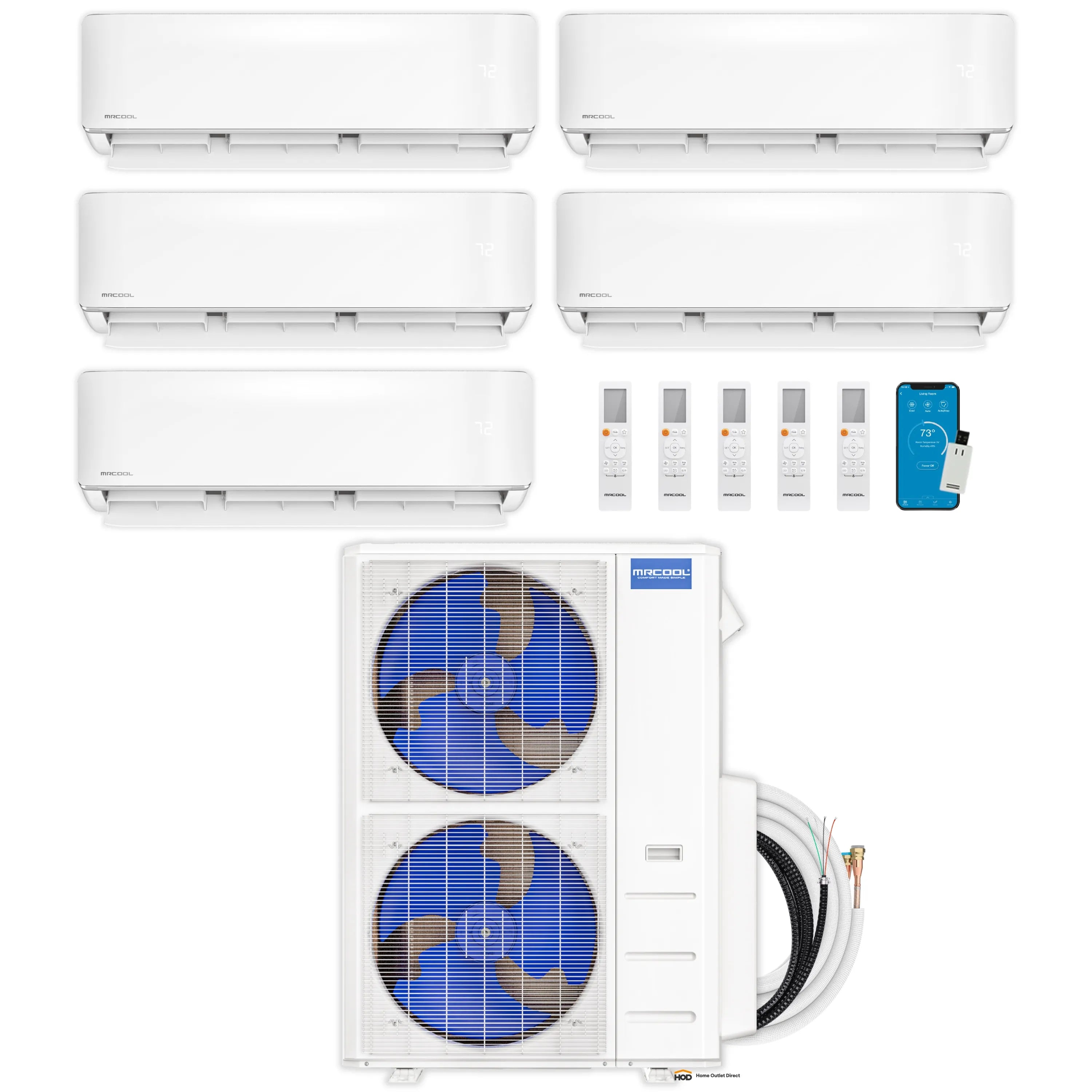 MRCOOL ductless multi-zone mini split kit: five white wall air handlers and outdoor unit