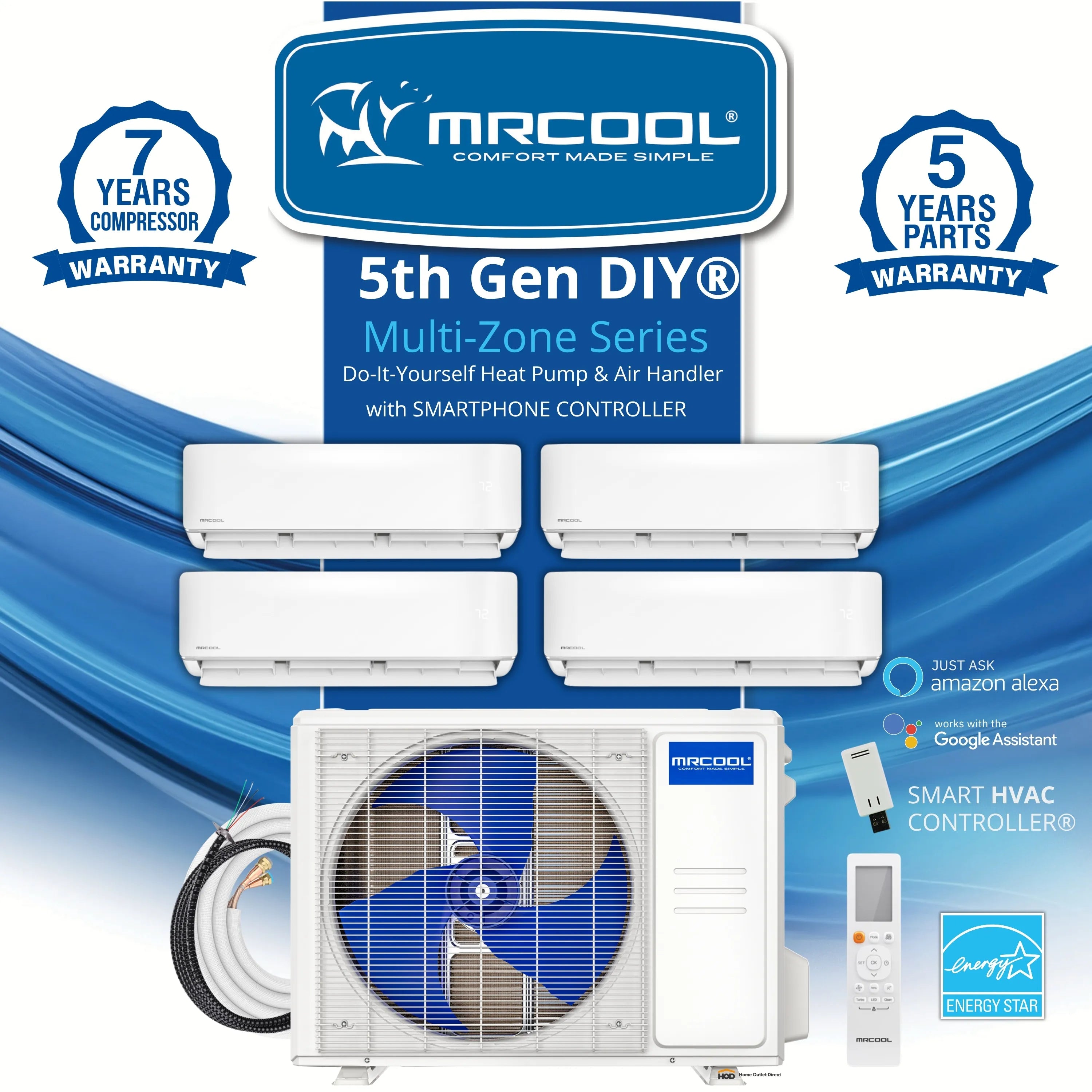 MRCOOL 5th Gen DIY multi-zone ductless heat pump with four white wall air handlers and outdoor unit