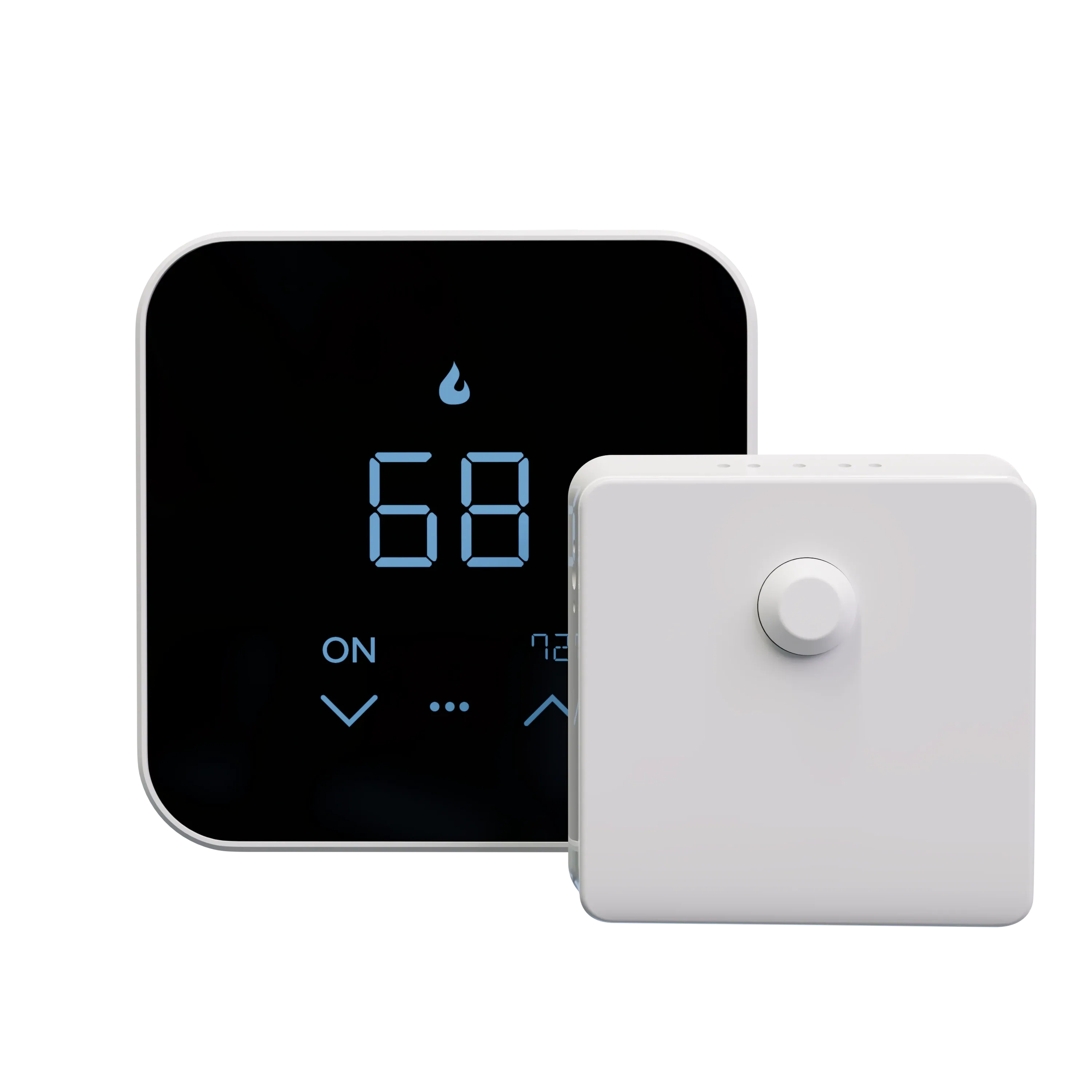 Room sensor beside display showing 68°F and ON; white housing with button