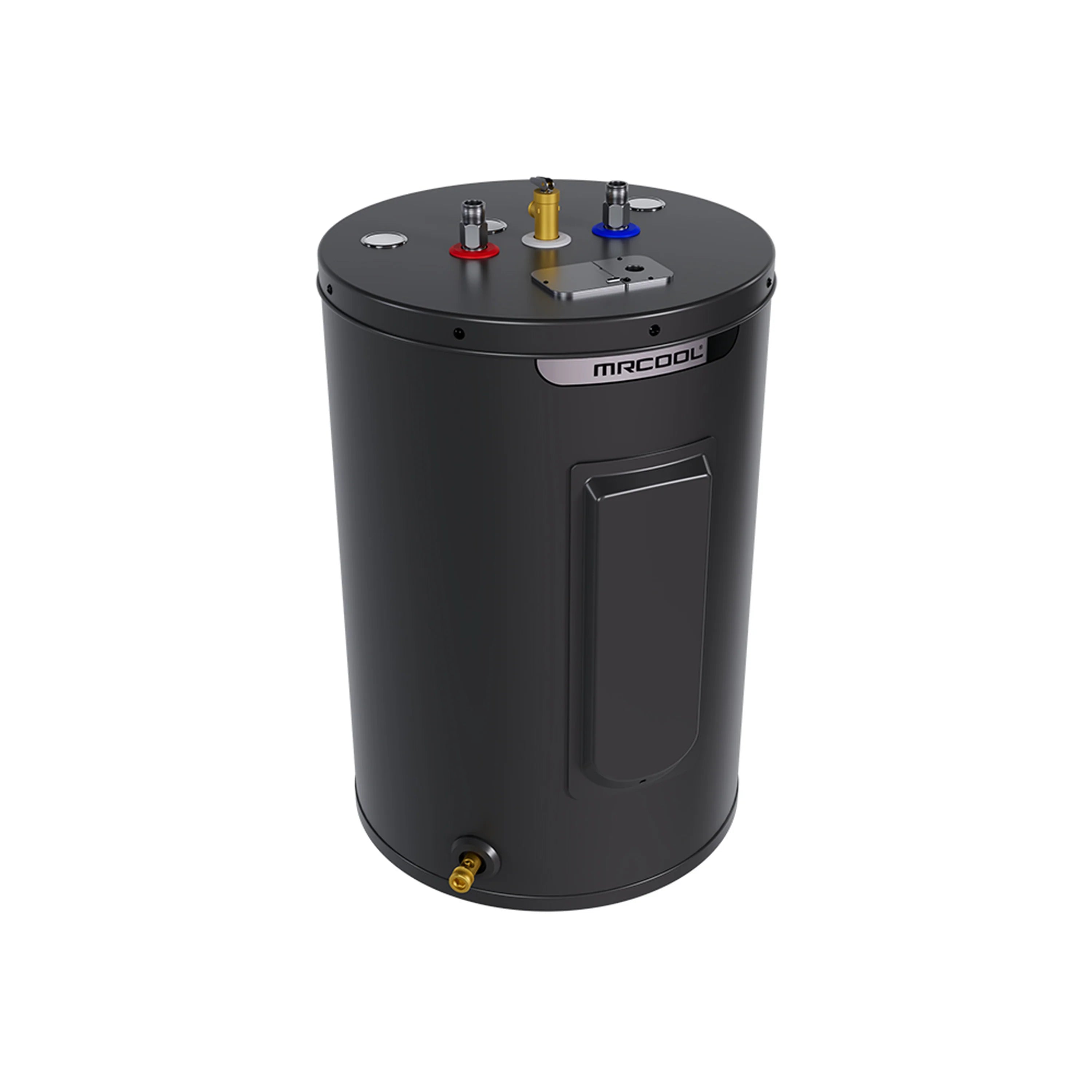 MRCOOL electric tank water heater top view with pipes and temperature ports