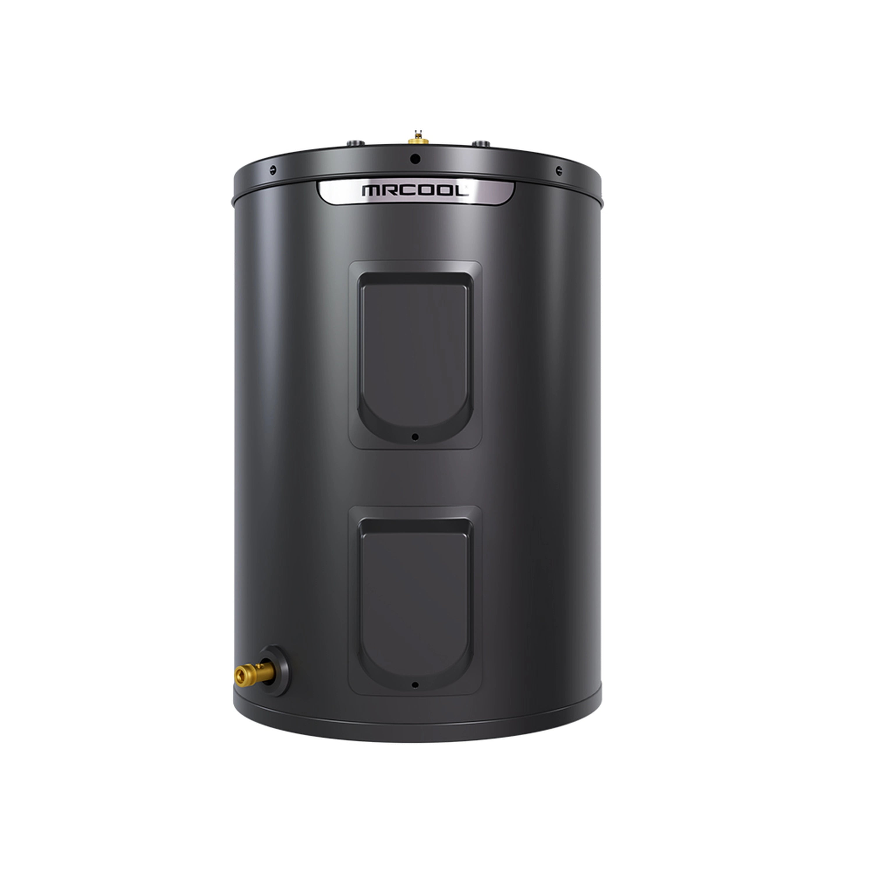 MRCOOL electric tank water heater, front with access doors and brass inlet