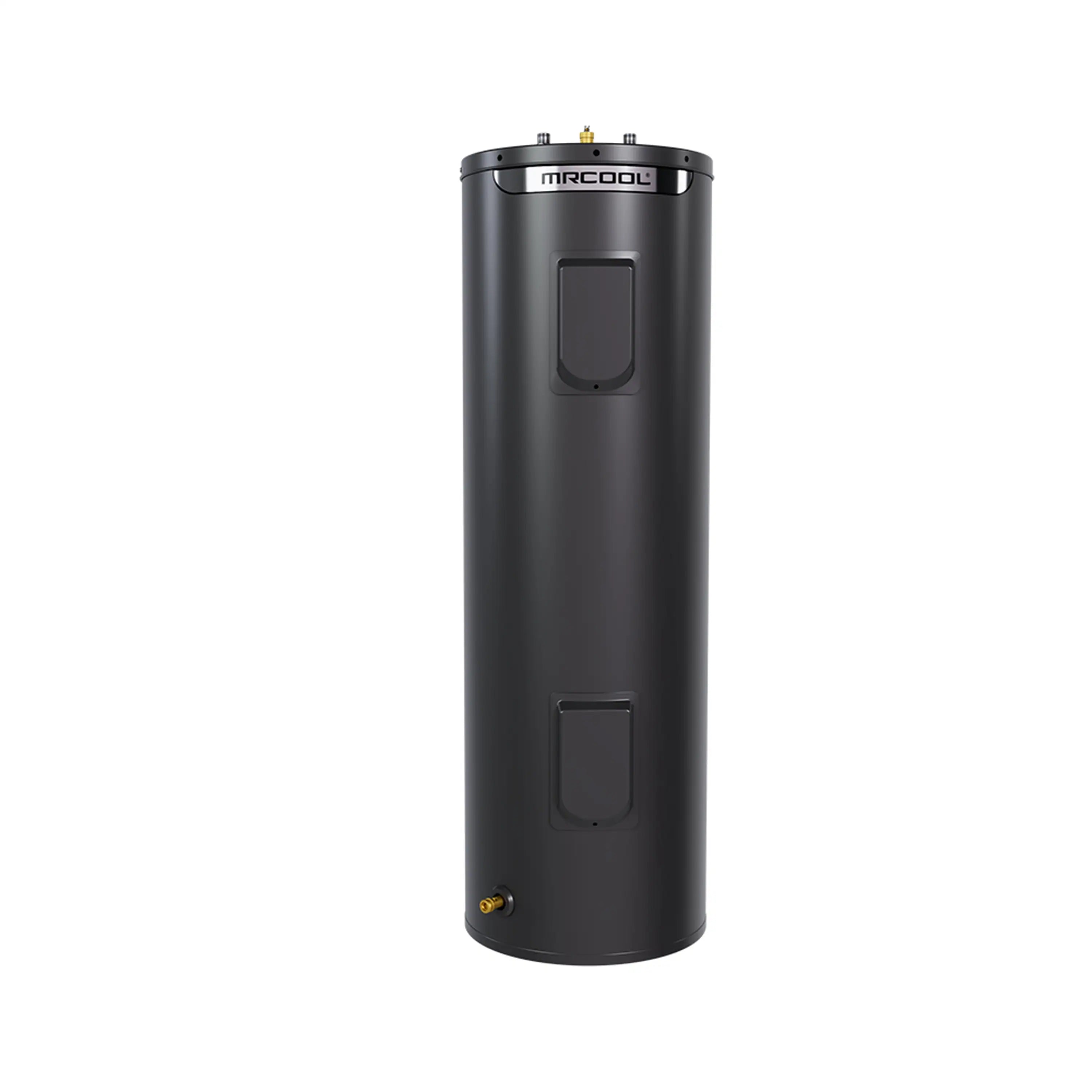 MRCOOL tall electric water heater tank, black with side access panels and bottom valve