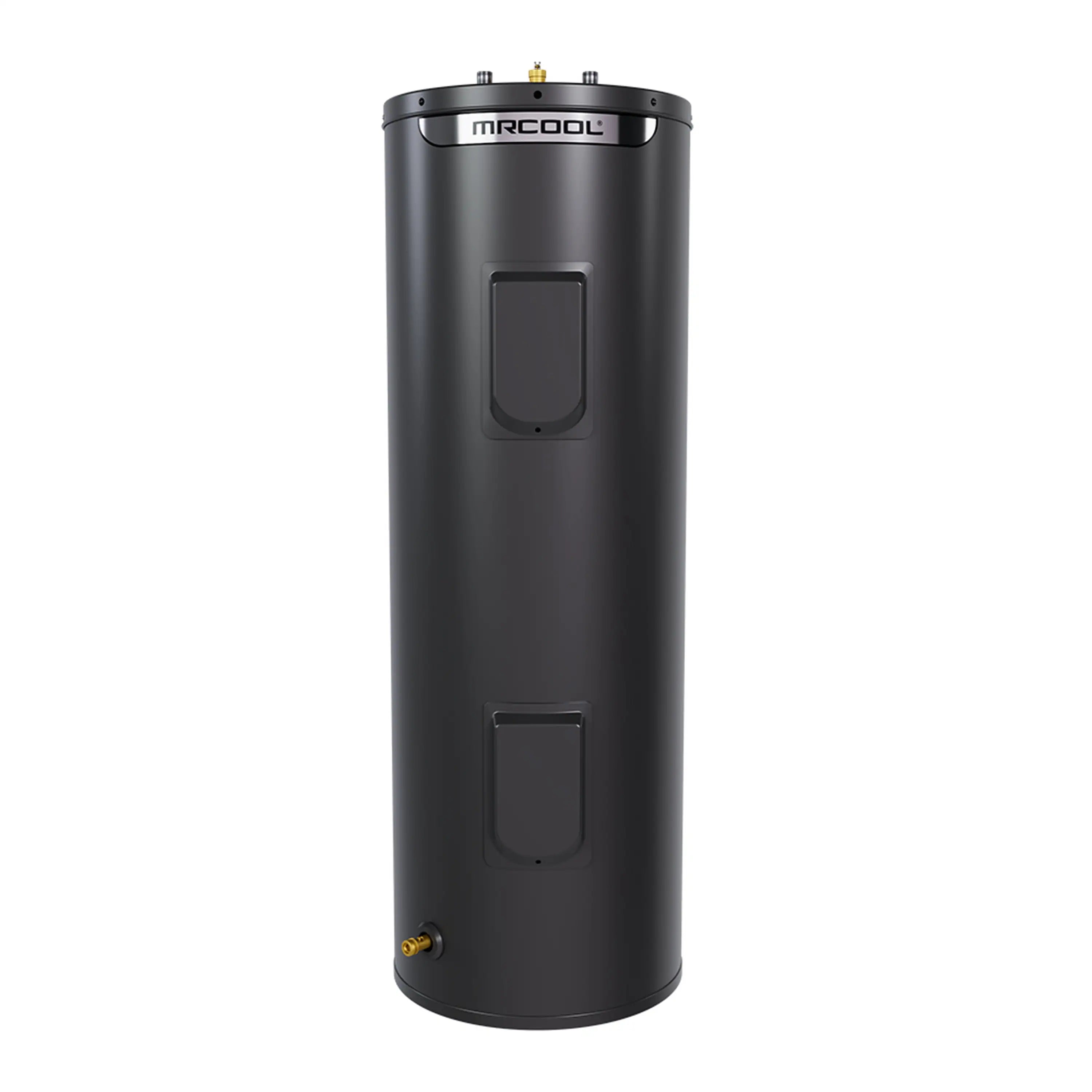 Black electric tank water heater with front access panels and MRCOOL logo