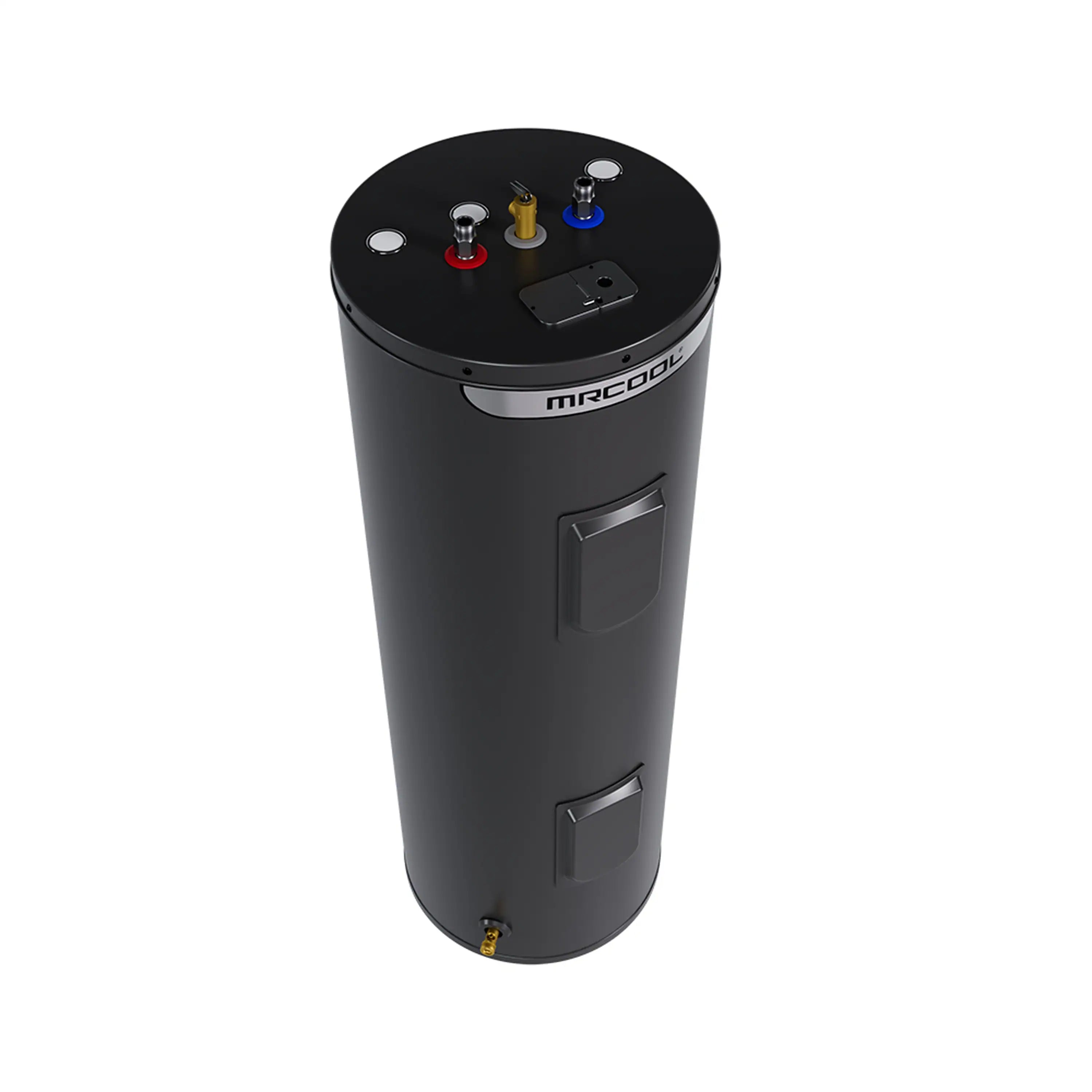 Black electric tank water heater top with colored fittings and control cover