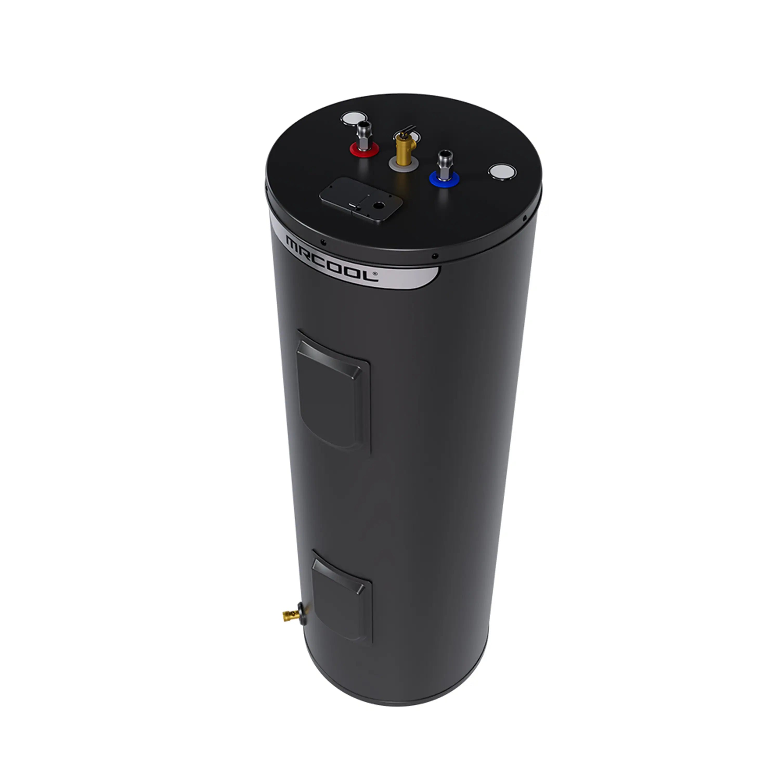 Black electric tank water heater top with three colored service fittings