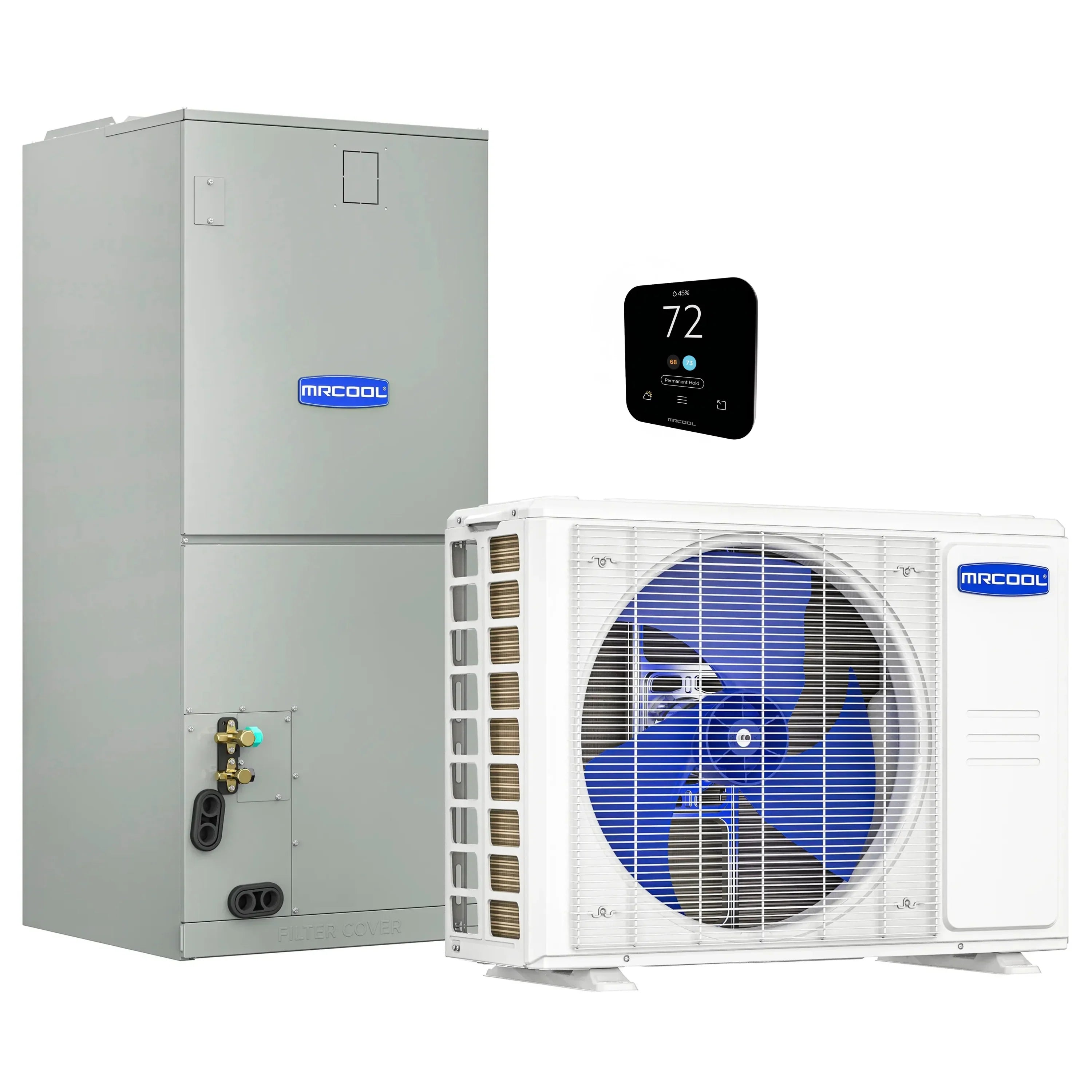 MRCOOL VersaPro heat pump split system with grey outdoor unit and ducted air handler
