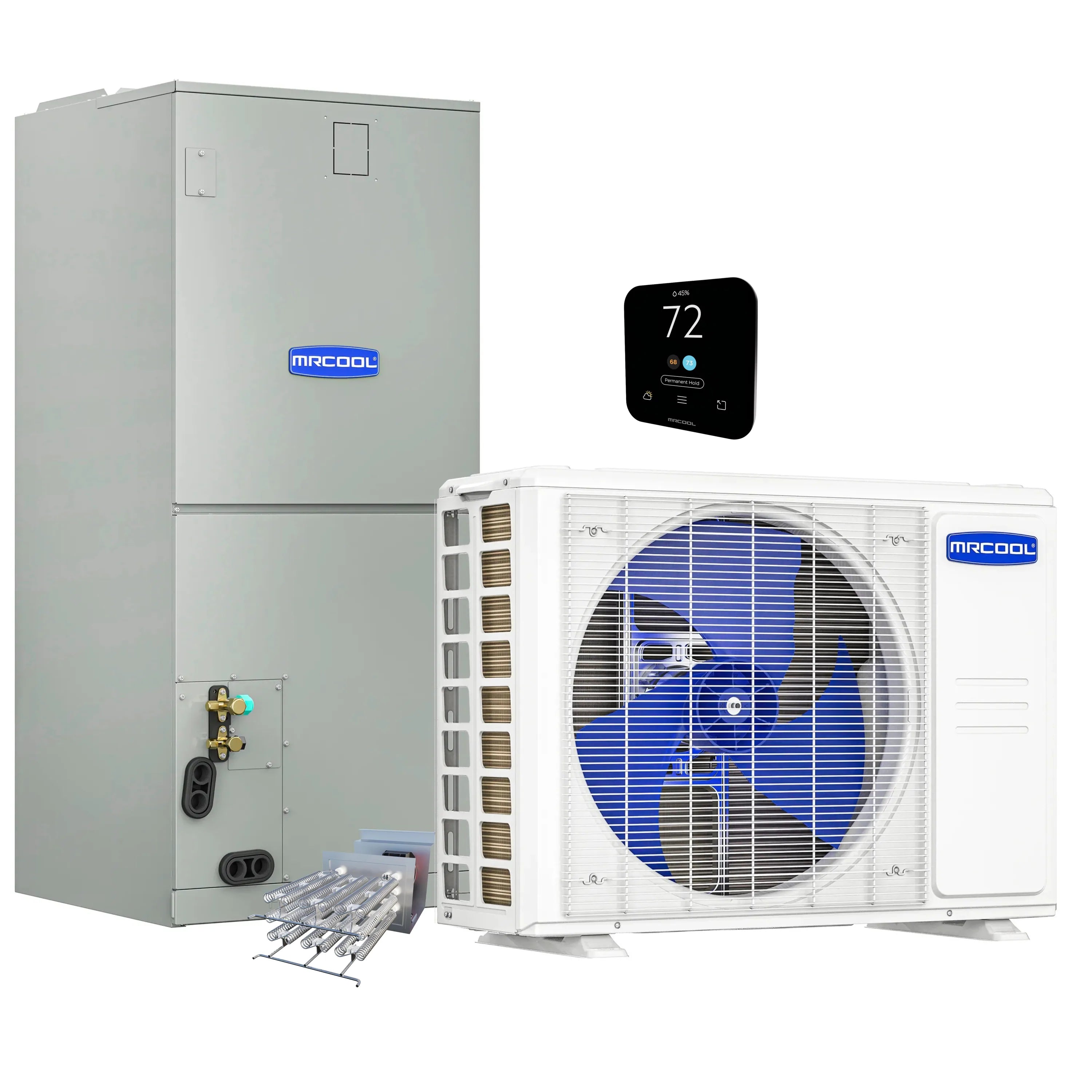 MRCOOL heat pump split system with outdoor condenser, indoor air handler, and remote