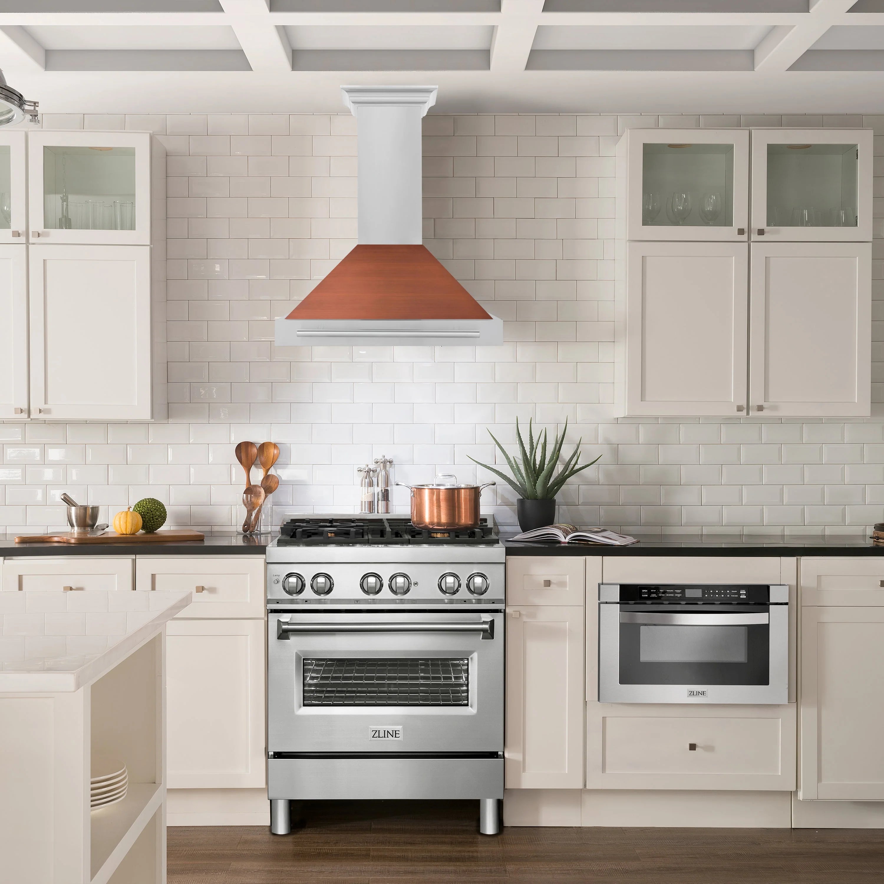 Convertible range hood with white chimney and copper-toned canopy