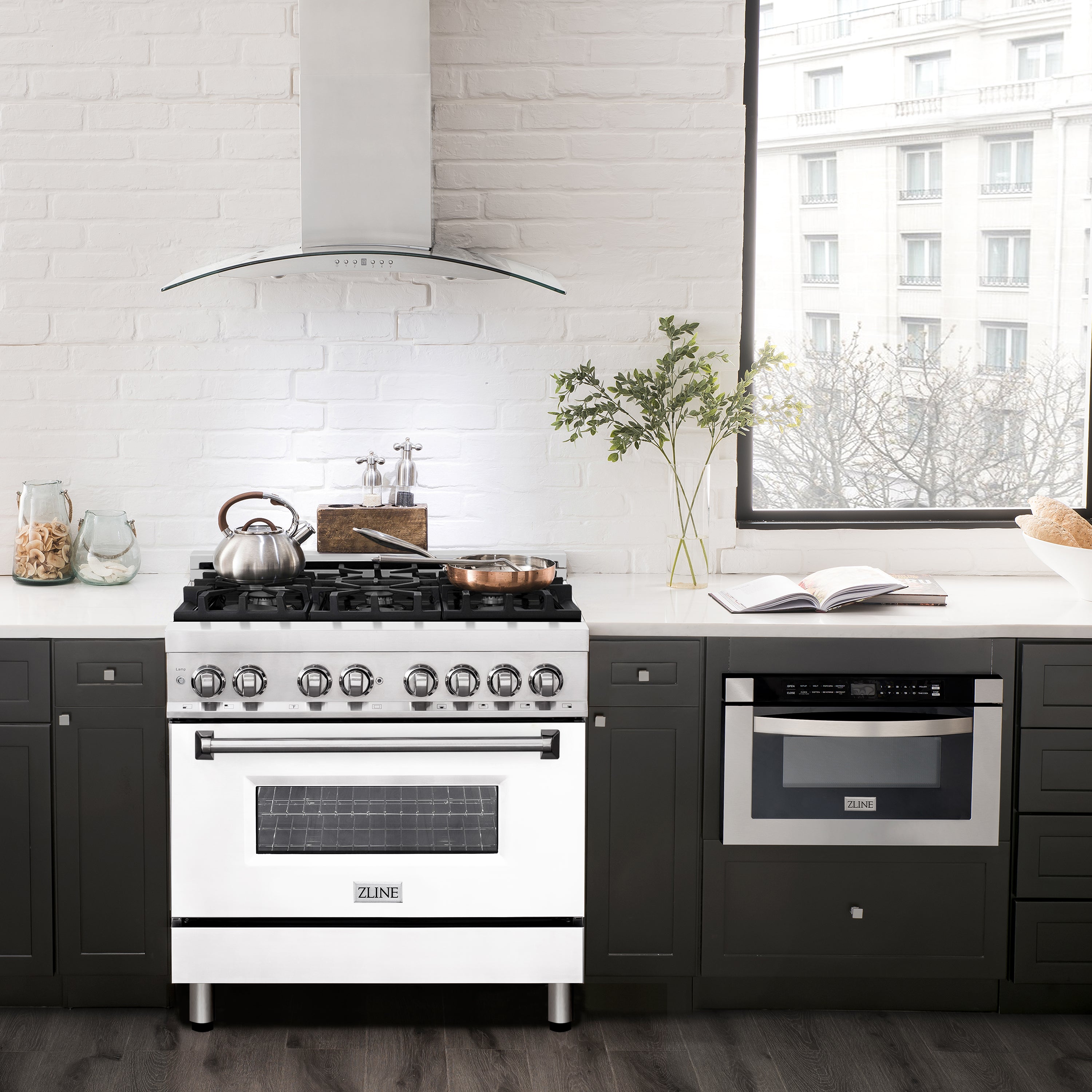 ZLINE dual fuel range in a kitchen with white matte oven door and gas burners