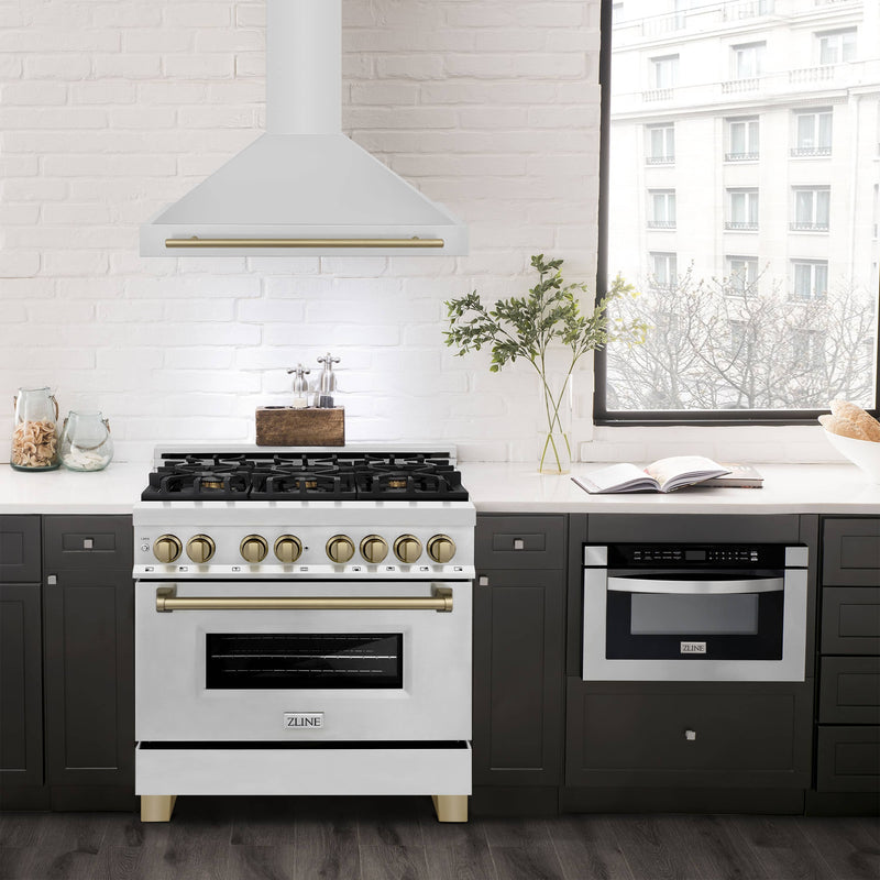 ZLINE 4-Piece Appliance Package - 36-Inch Paramount Induction Range, Wall Mount Range Hood, Refrigerator with Water Dispenser, and Dishwasher in Stainless Steel with Champagne Bronze Trim