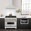 ZLINE 5-Piece Appliance Package - 36-Inch Autograph Edition Gas Range, Wall Mount Range Hood, 36-Inch French Door Refrigerator, Dishwasher, and 30-Inch Microwave Drawer in Stainless Steel with Champagne Bronze Accents