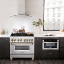 ZLINE 4-Piece Appliance Package - 36-Inch Legacy Autograph Dual Fuel Range, Wall Mount Range Hood, 36-Inch French Door Refrigerator with Water Dispenser, Dishwasher, in Stainless Steel with Gold Accents