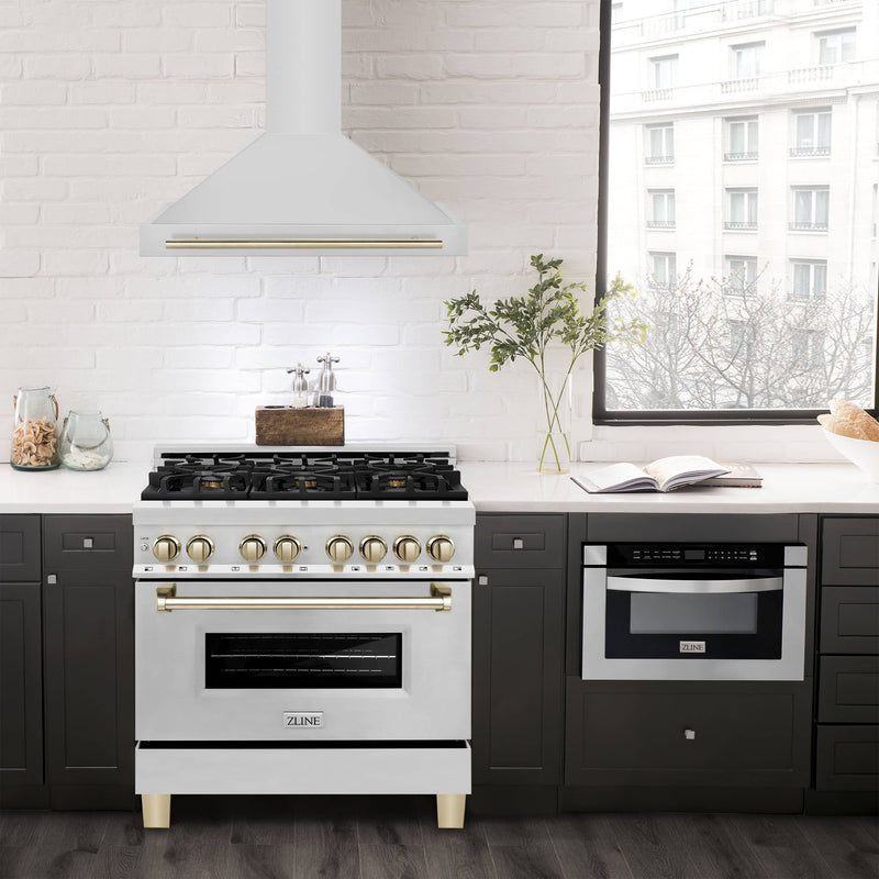 ZLINE 4-Piece Appliance Package - 36-Inch Paramount Induction Range, Wall Mount Range Hood, Refrigerator with Water Dispenser, and Dishwasher in Stainless Steel with Polished Gold Trim