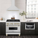 ZLINE 5-Piece Appliance Package - 36-Inch Paramount Autograph Gas Range, Wall Mount Range Hood, 36-Inch French Door Refrigerator, Dishwasher, and 30-Inch Microwave Drawer in Stainless Steel with Gold Accents