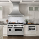 ZLINE 5-Piece Appliance Package - 48-Inch Legacy Autograph Dual Fuel Range, Wall Mount Range Hood, 36-Inch French Door Refrigerator, Dishwasher, and 30-Inch Microwave Drawer in Stainless Steel with Matte Black Accents