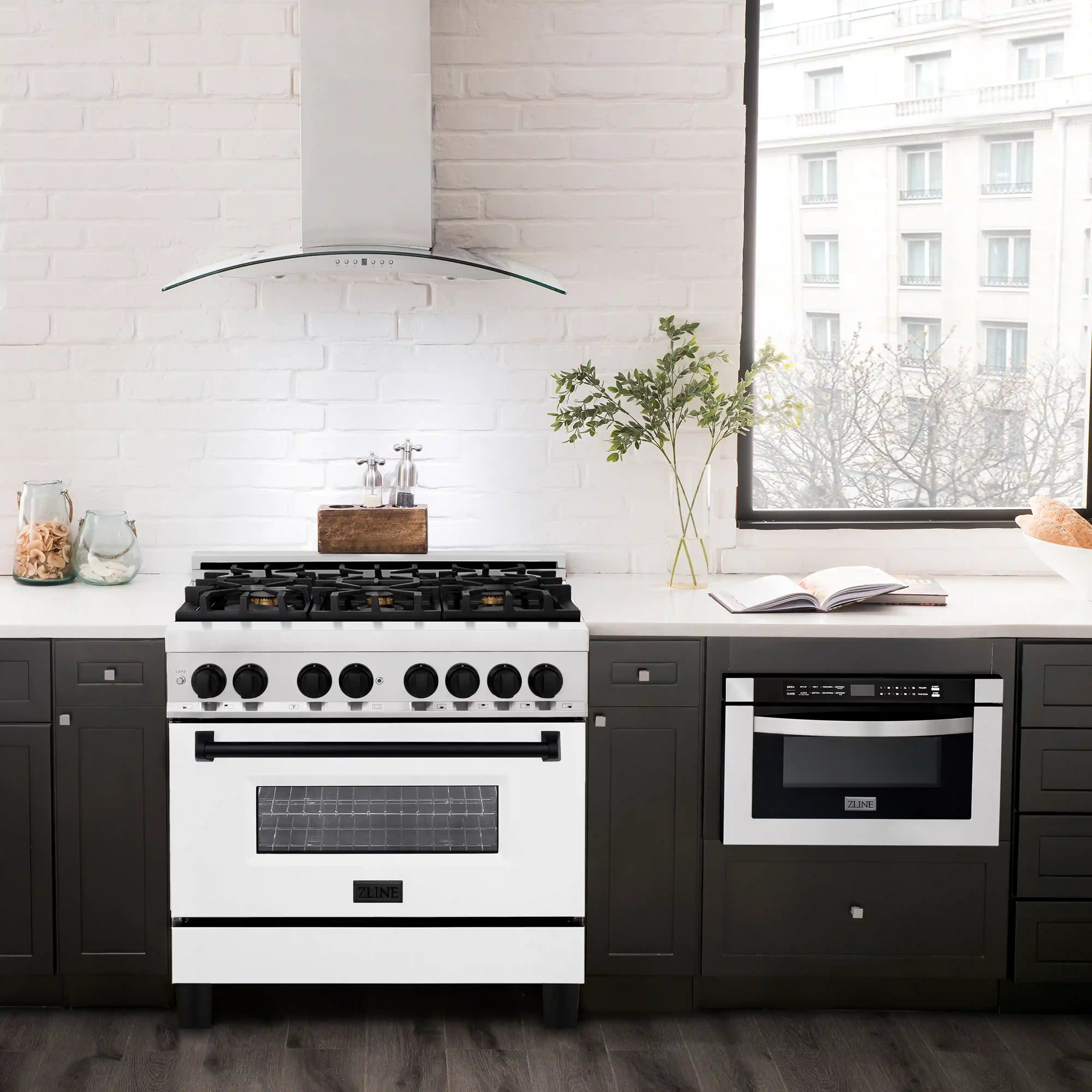 Stainless dual fuel range with white oven door and matte black control accents