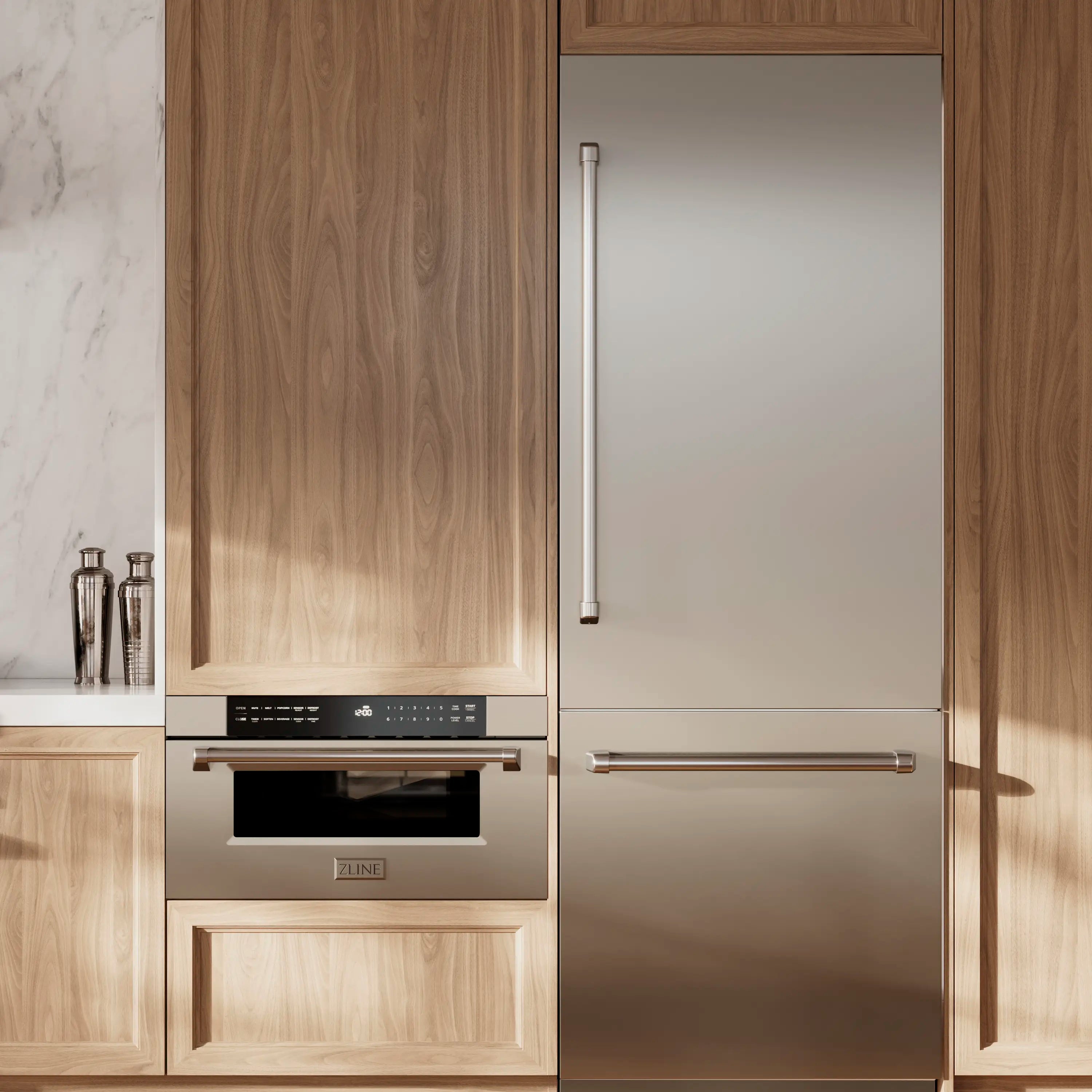 Built-in bottom freezer refrigerator in stainless steel with water and ice dispenser panel