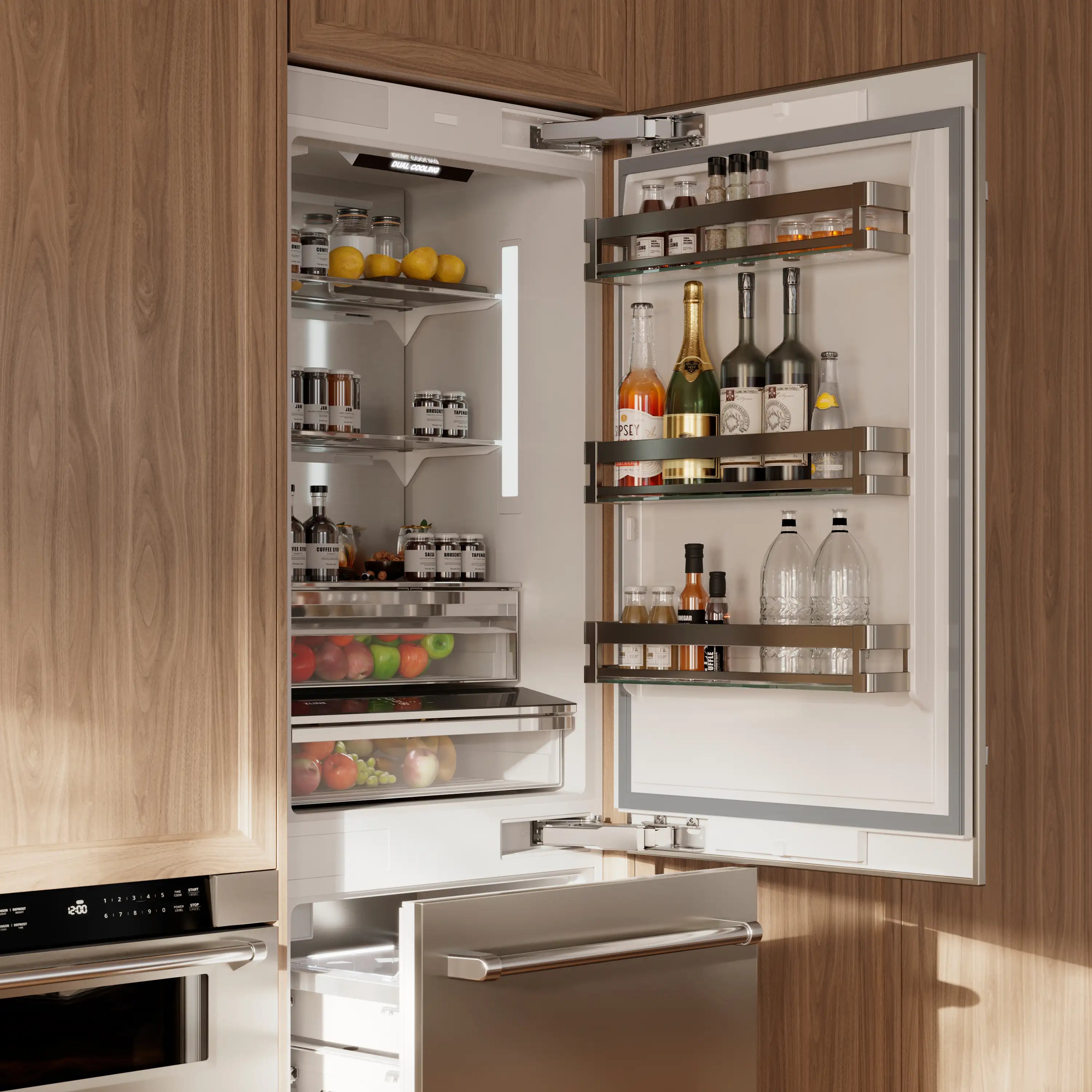 Built-in refrigerator door open with bottle rack, canisters, and adjustable inner shelves