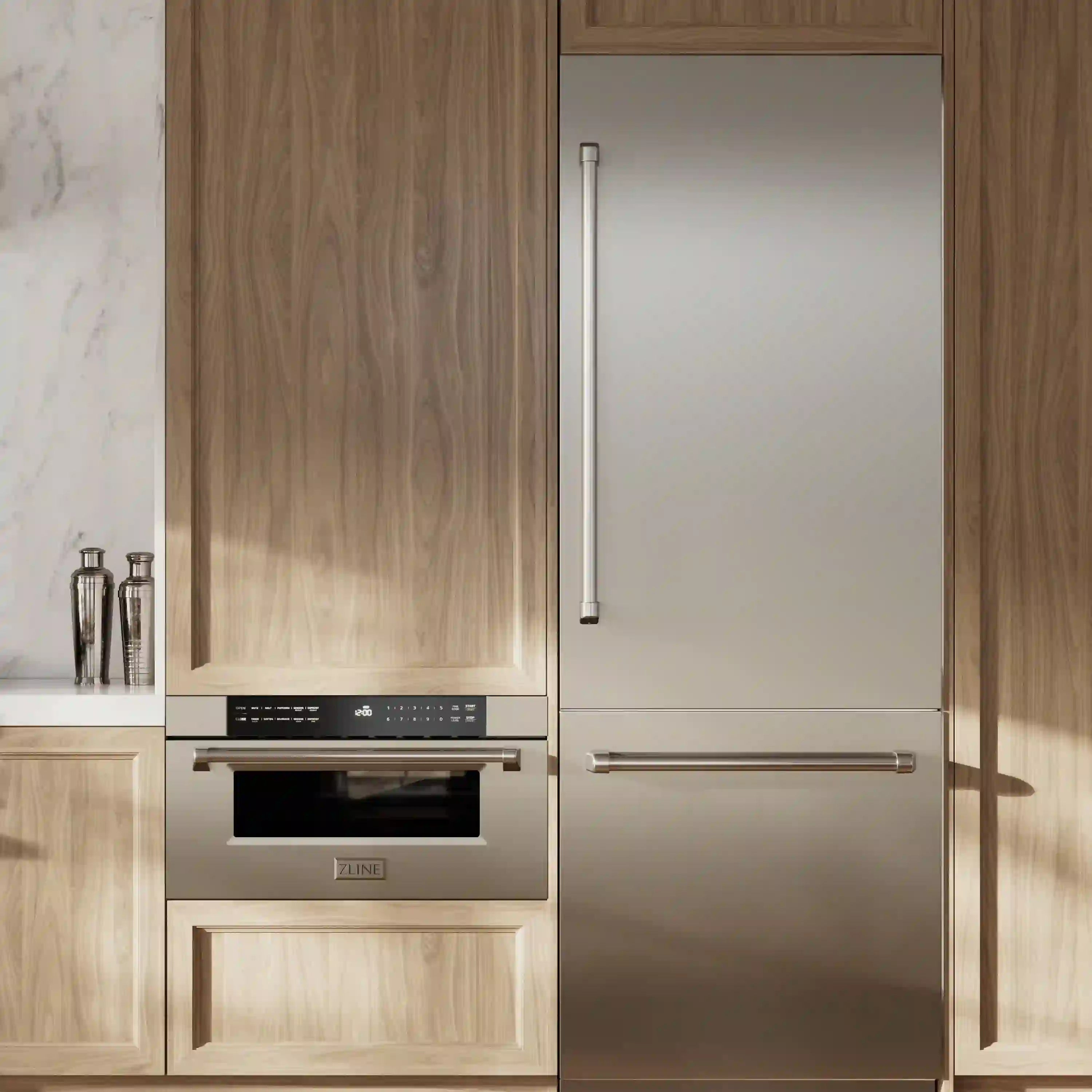 Built-in bottom freezer refrigerator with stainless steel 2-door design and dispenser panel