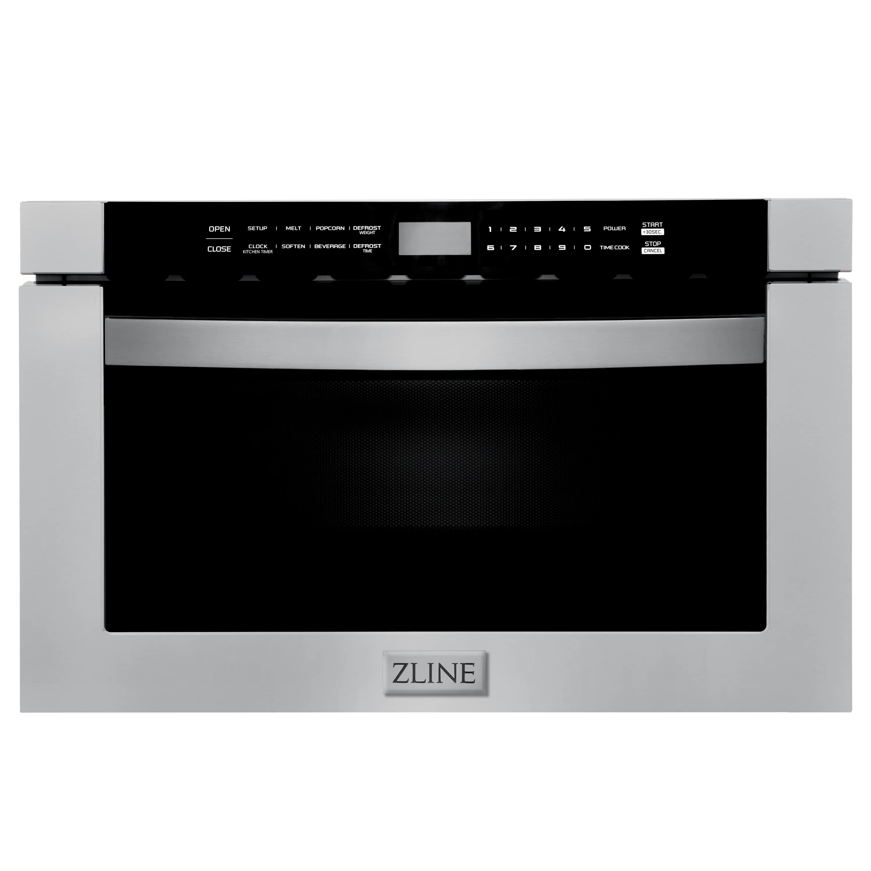 ZLINE stainless steel microwave drawer front view with black display panel