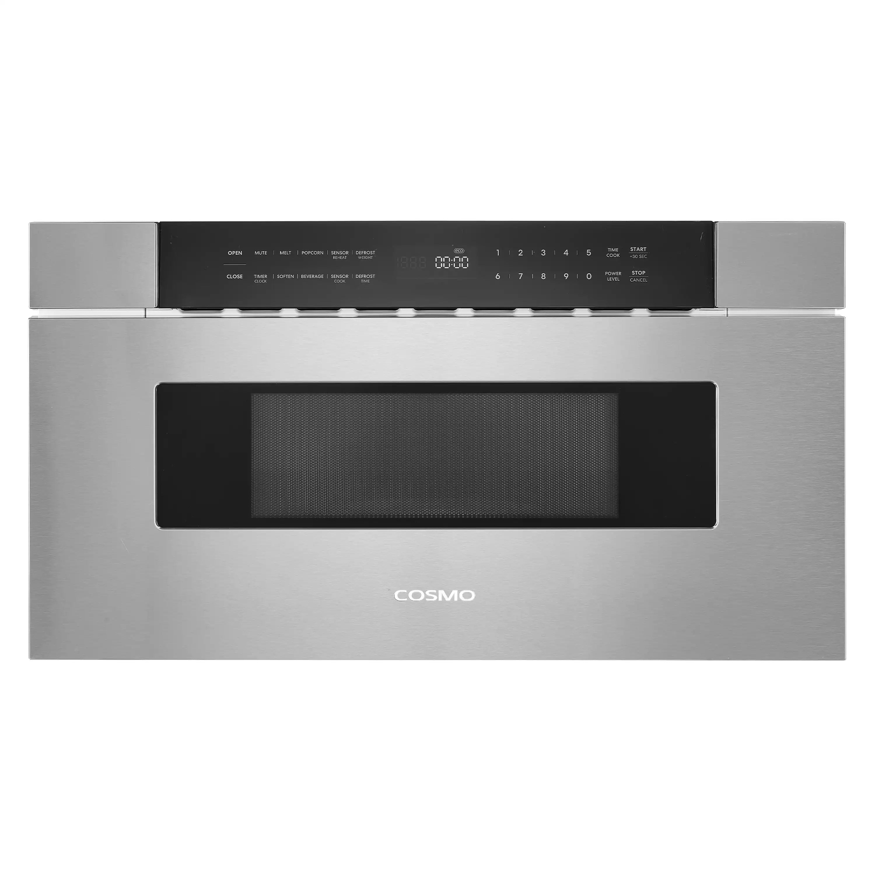 Stainless steel microwave drawer front with black glass viewing window and control buttons