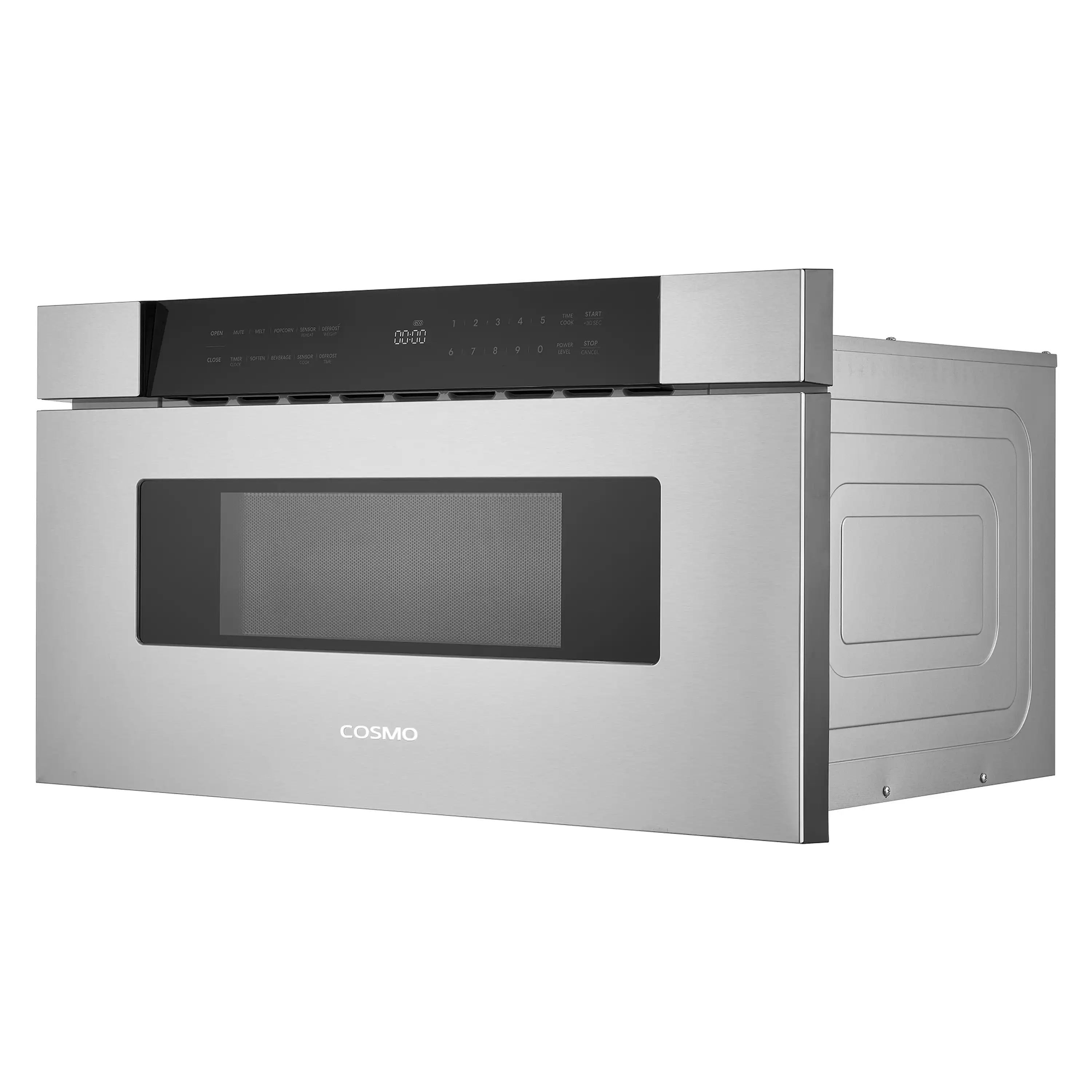 Stainless steel built-in microwave drawer with dark control panel and viewing window