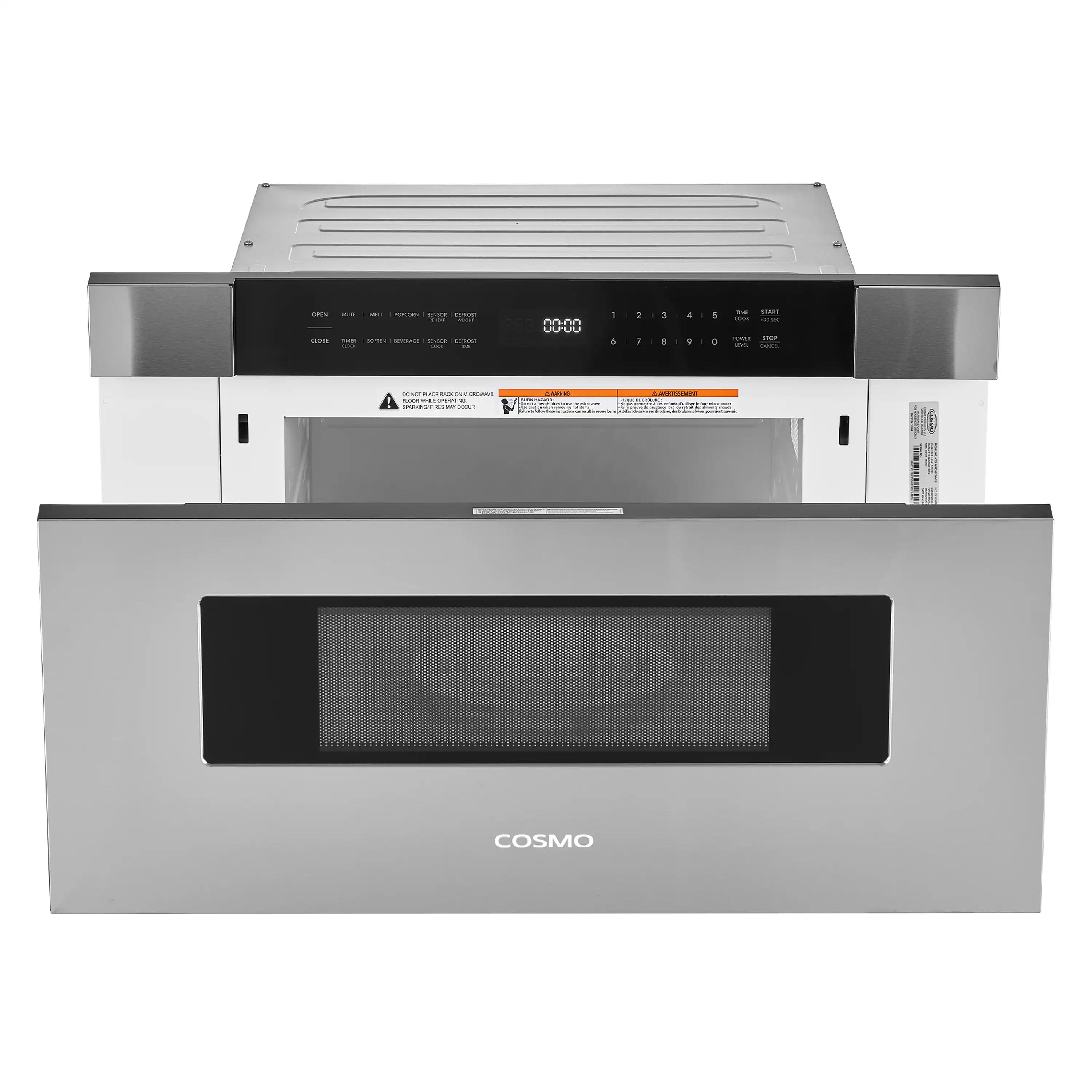 Built-in stainless steel microwave drawer with open door and black interior cavity