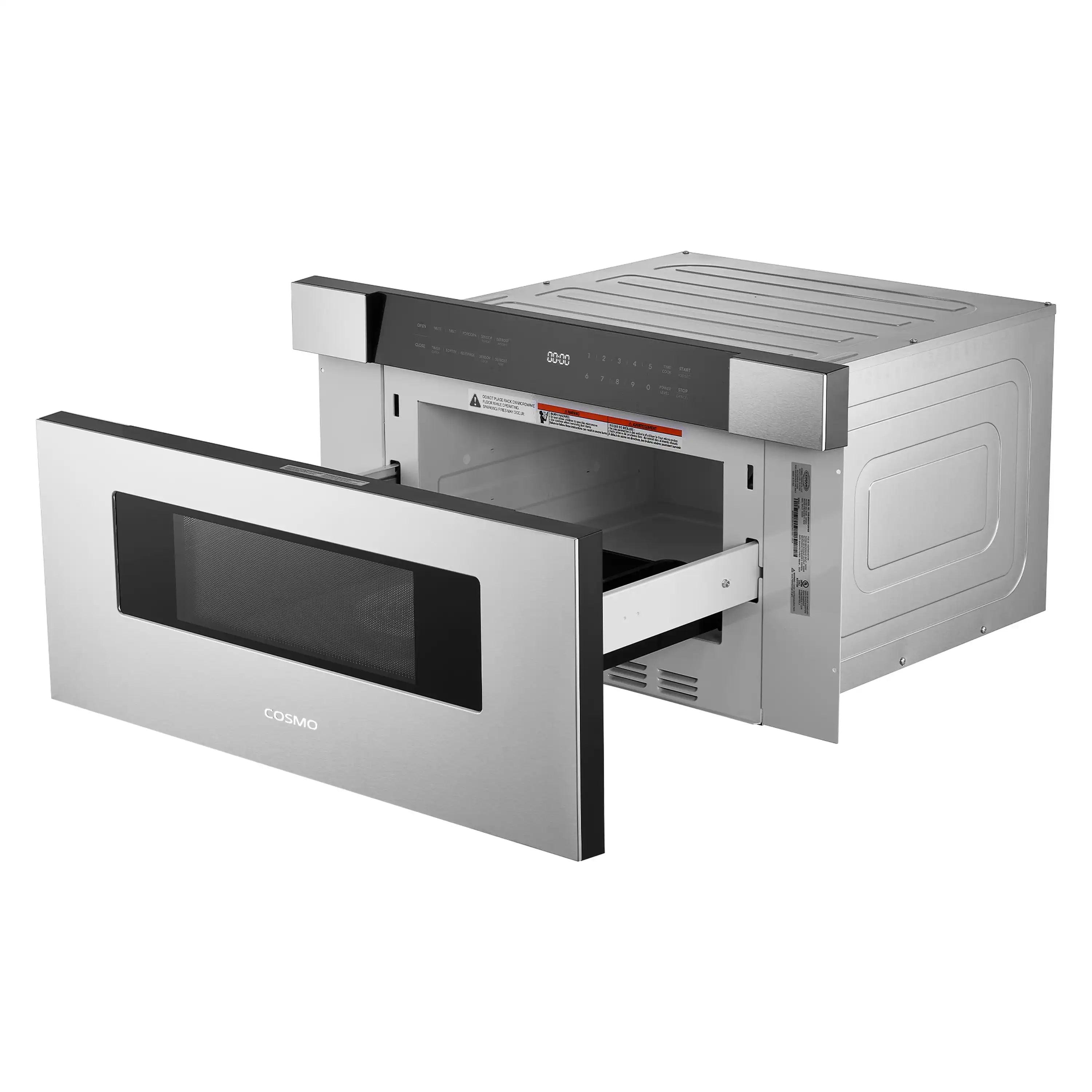 Opened stainless steel microwave drawer with black display panel and pull-out cavity