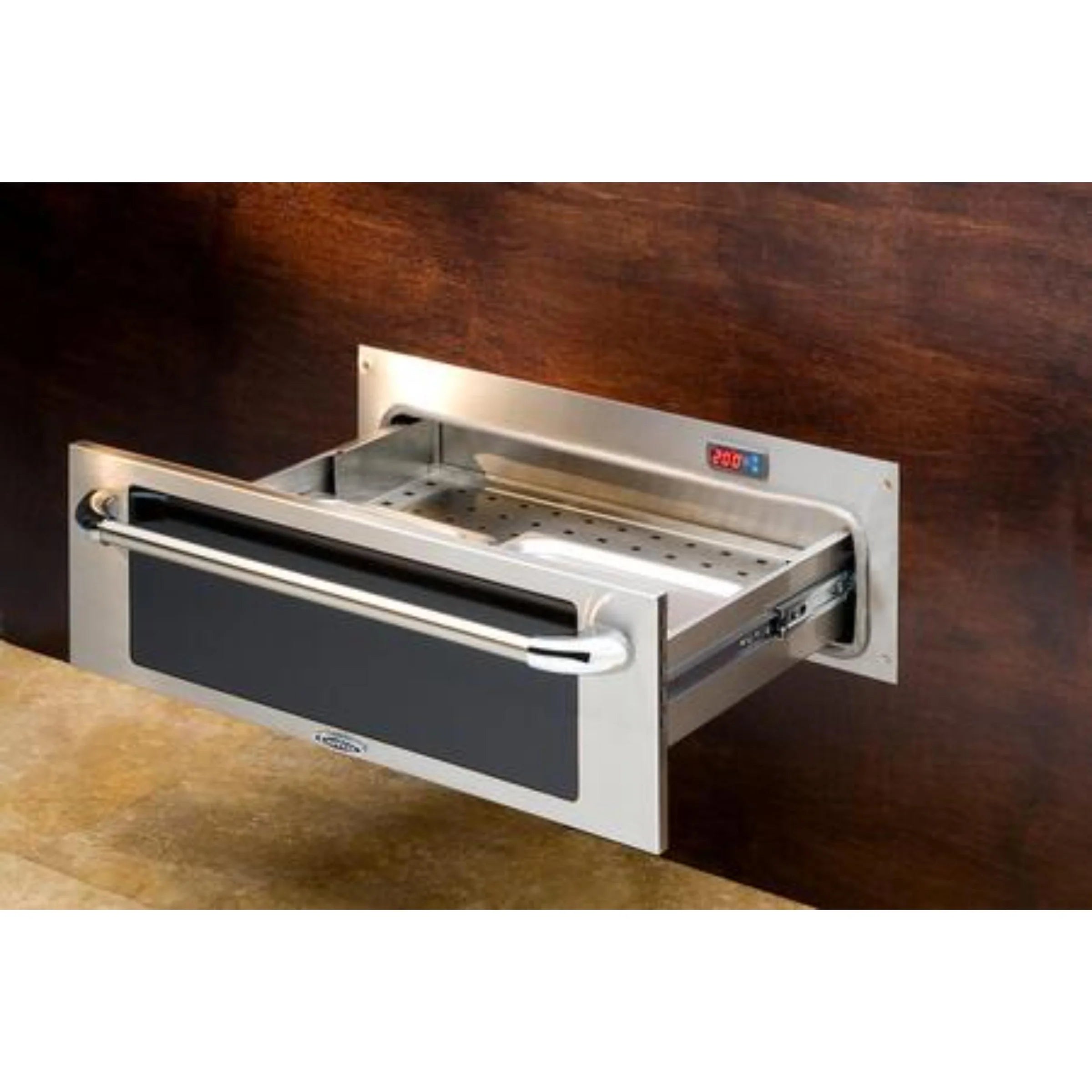 Panel-ready warming drawer open to show vented heating rack and controls