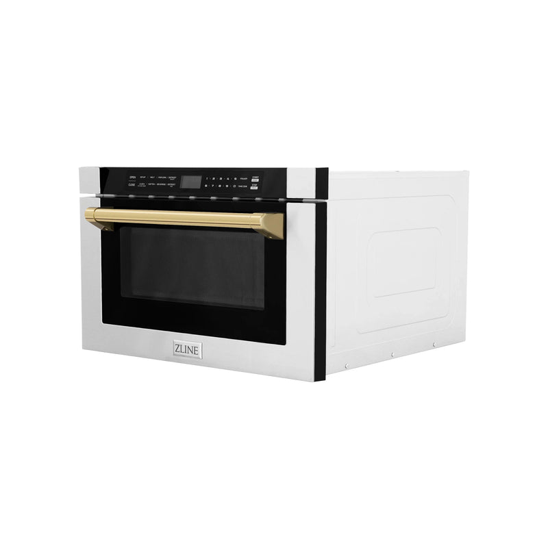 ZLINE 5-Piece Appliance Package - 36-Inch Gas Range, Hood, Refrigerator with Water Dispenser, Dishwasher, and Microwave Drawer in Stainless Steel with Gold Accents