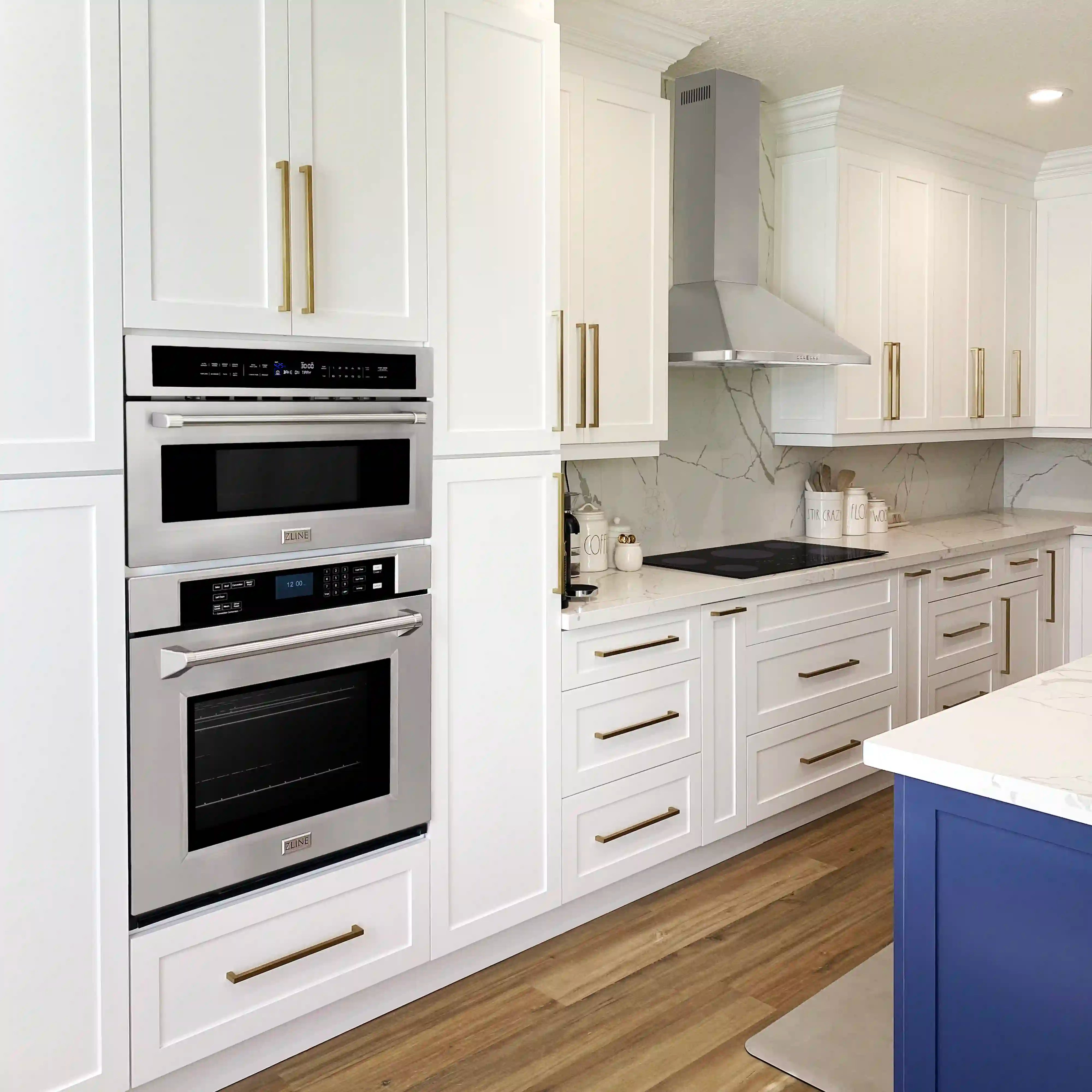 Installed stainless convection microwave oven unit with black door and digital controls