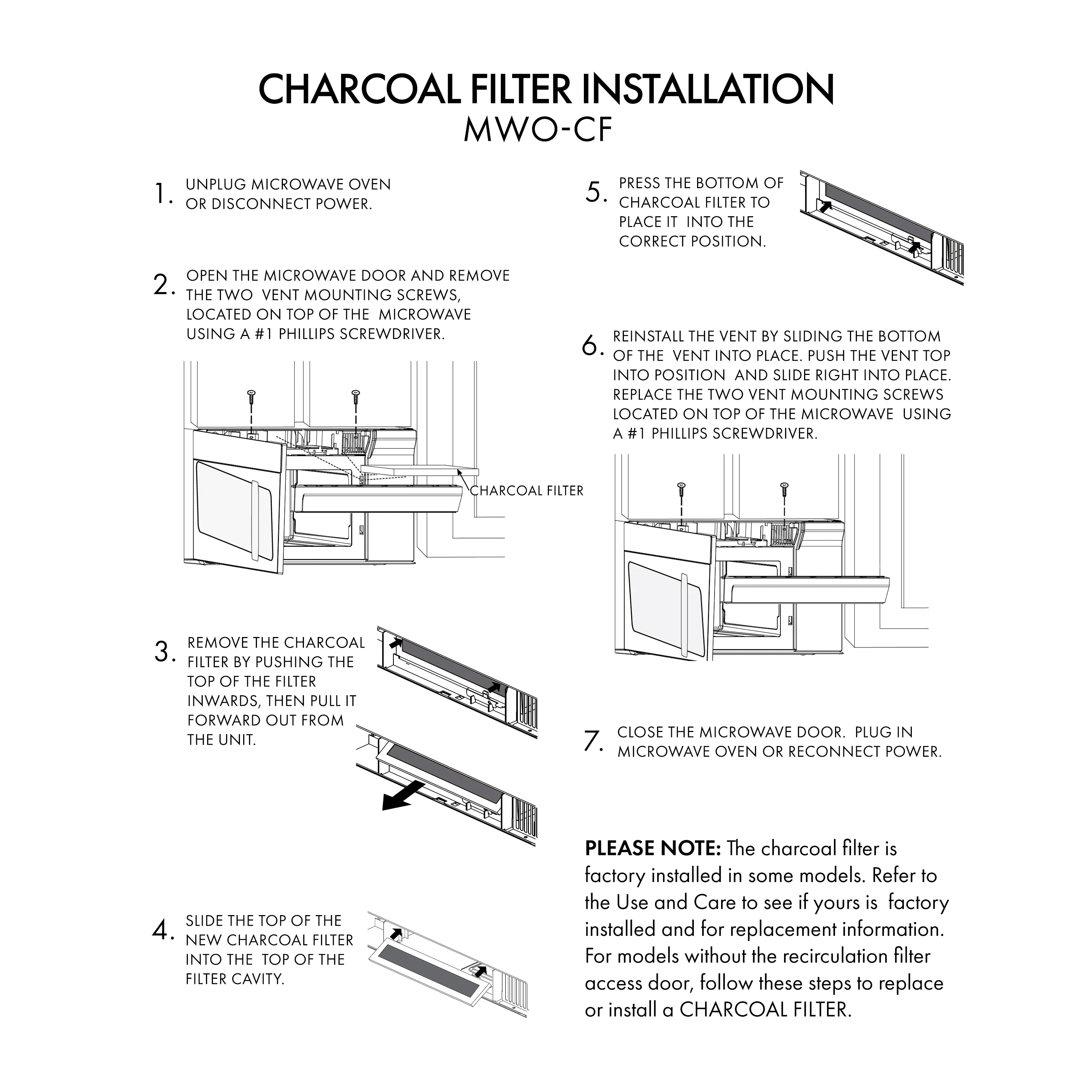 Charcoal filter installation instruction sheet with diagrams for microwave vent.