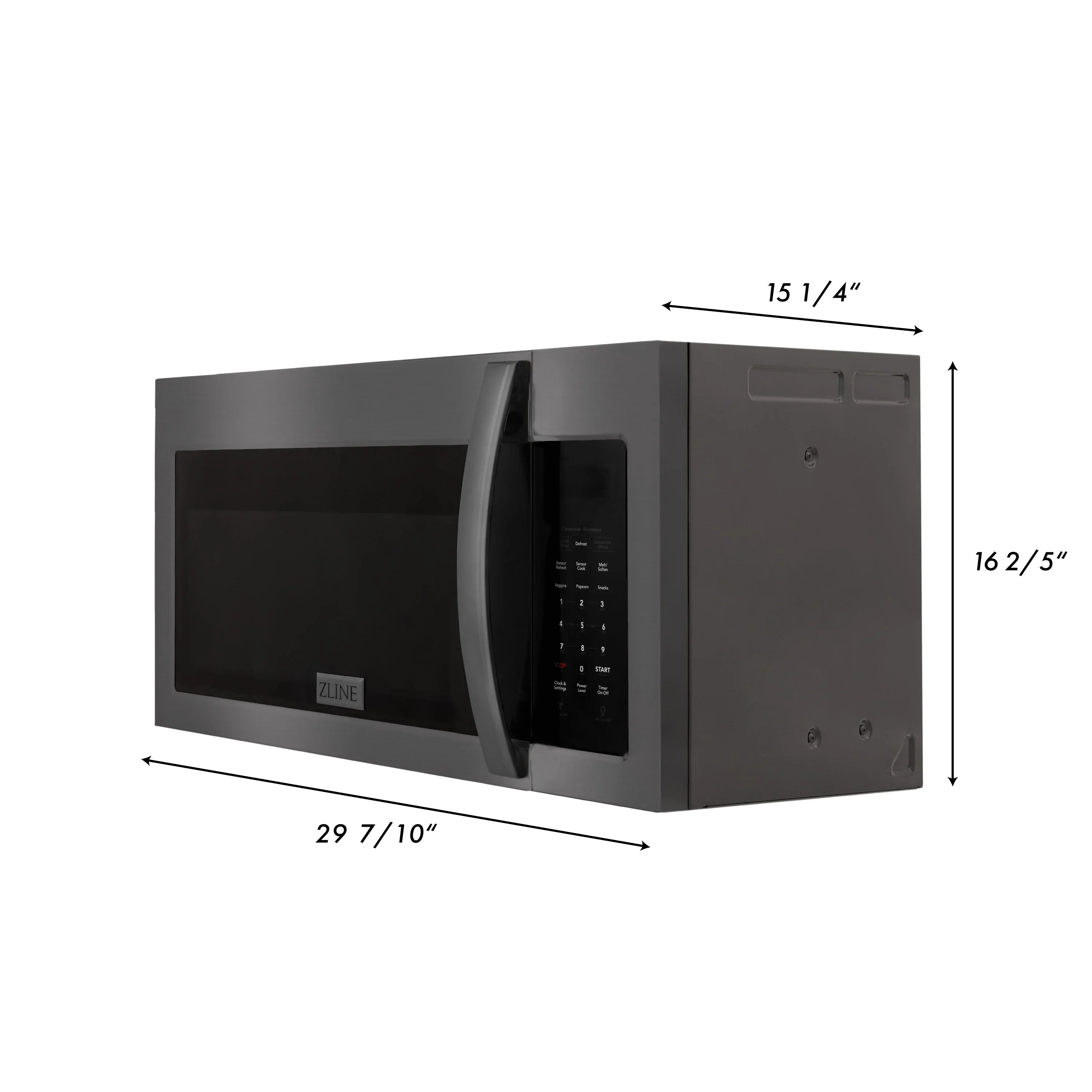 Over-the-range microwave oven dimensions diagram in black stainless finish