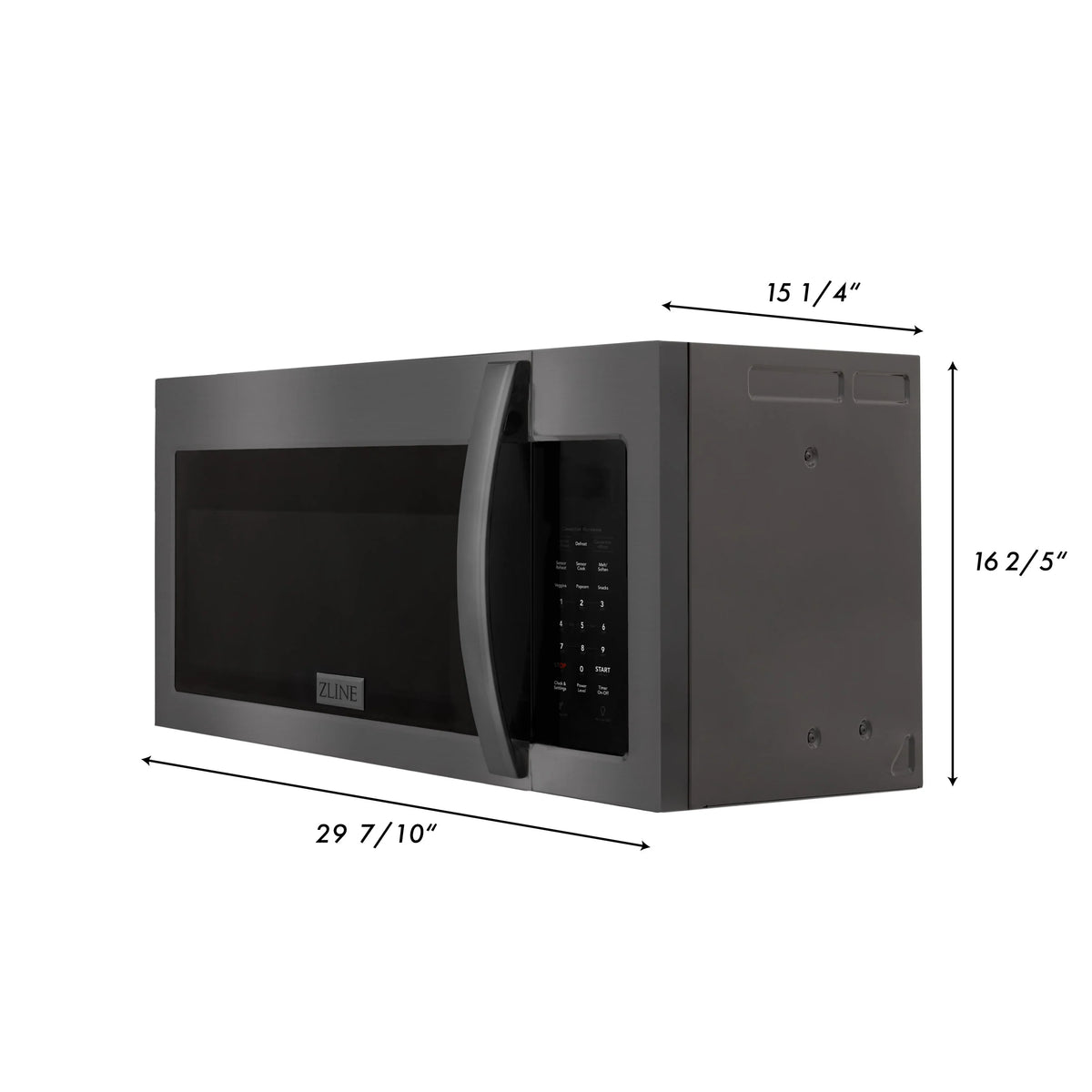 Black stainless over-the-range microwave dimensions diagram with digital keypad