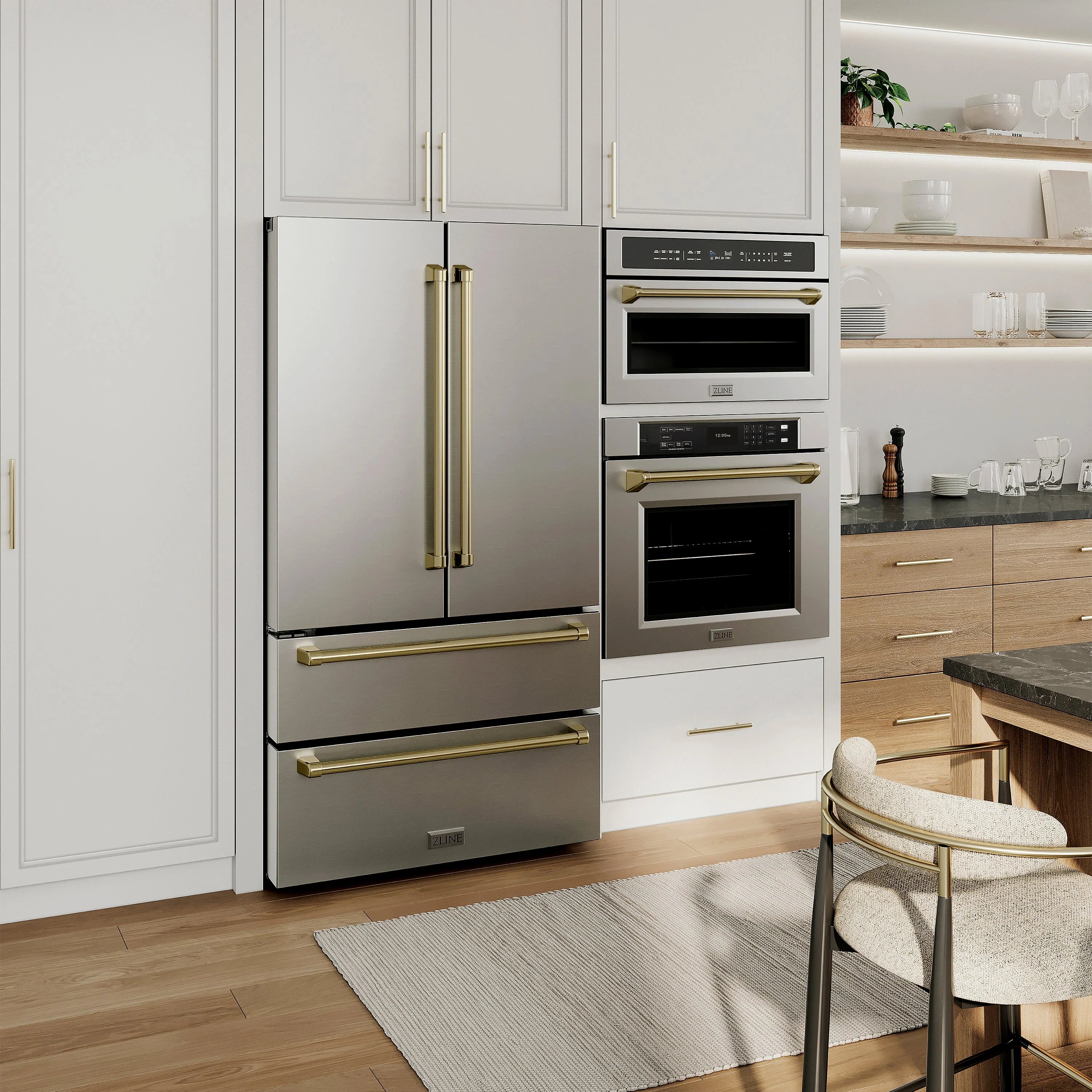 Built-in stainless steel microwave and wall oven with champagne-bronze trim