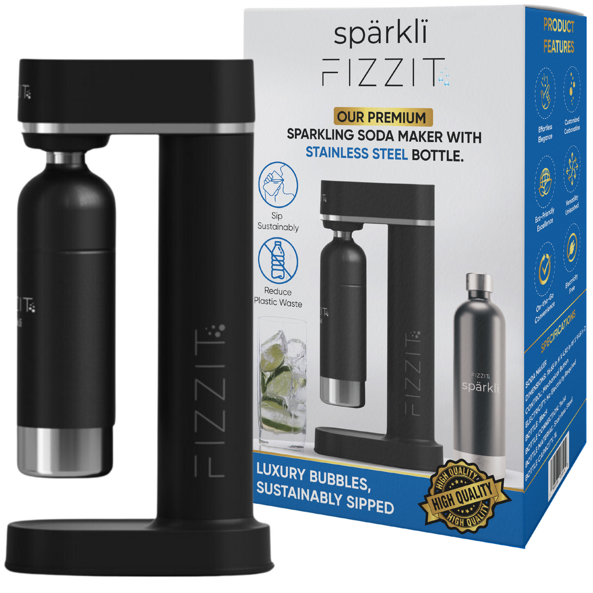 Fizzit Spärklï Sparkling Water Maker Fizz & Flavor Bundle with 60L CO2 Cylinder and 12-Pack CraftMix Drink Mixes