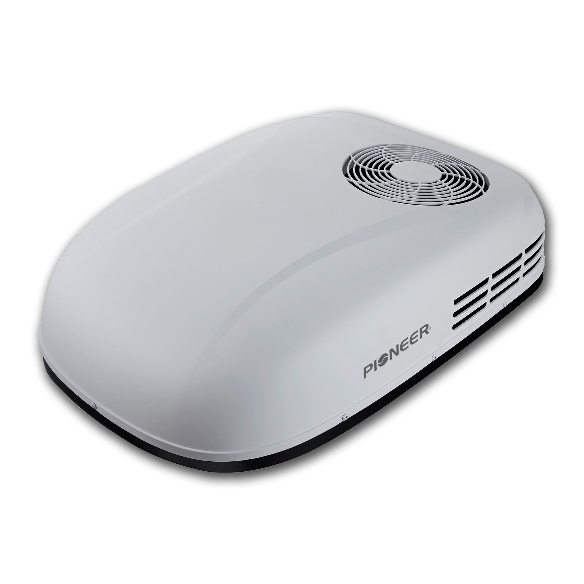 White Pioneer rooftop RV air conditioner with fan grille and side vents