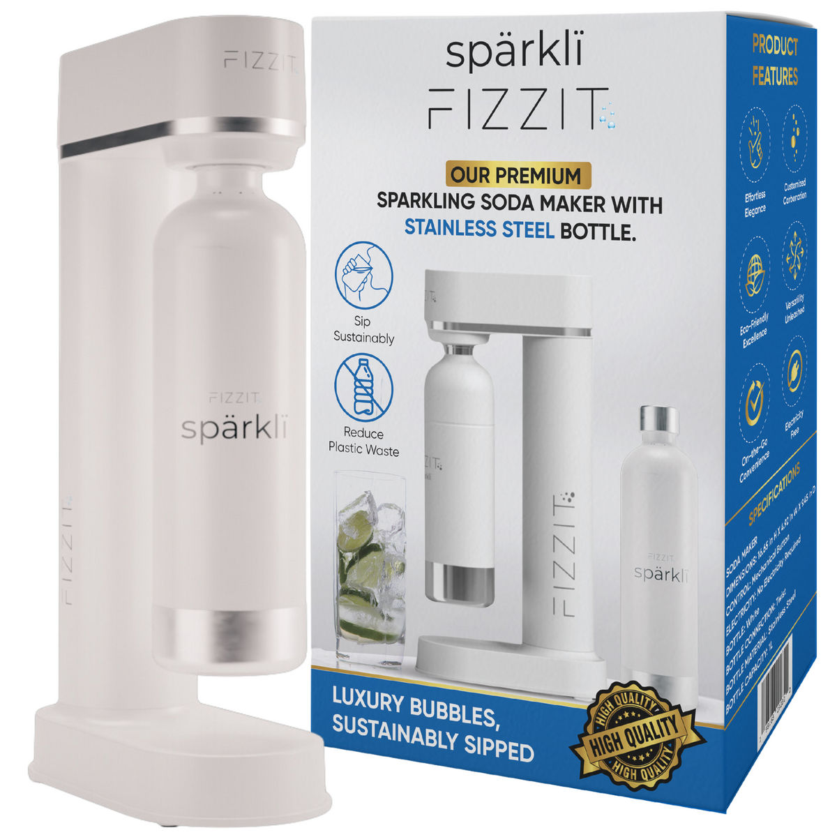 Fizzit Spärklï Sparkling Water Maker Fizz & Flavor Bundle with 60L CO2 Cylinder and 12-Pack CraftMix Drink Mixes