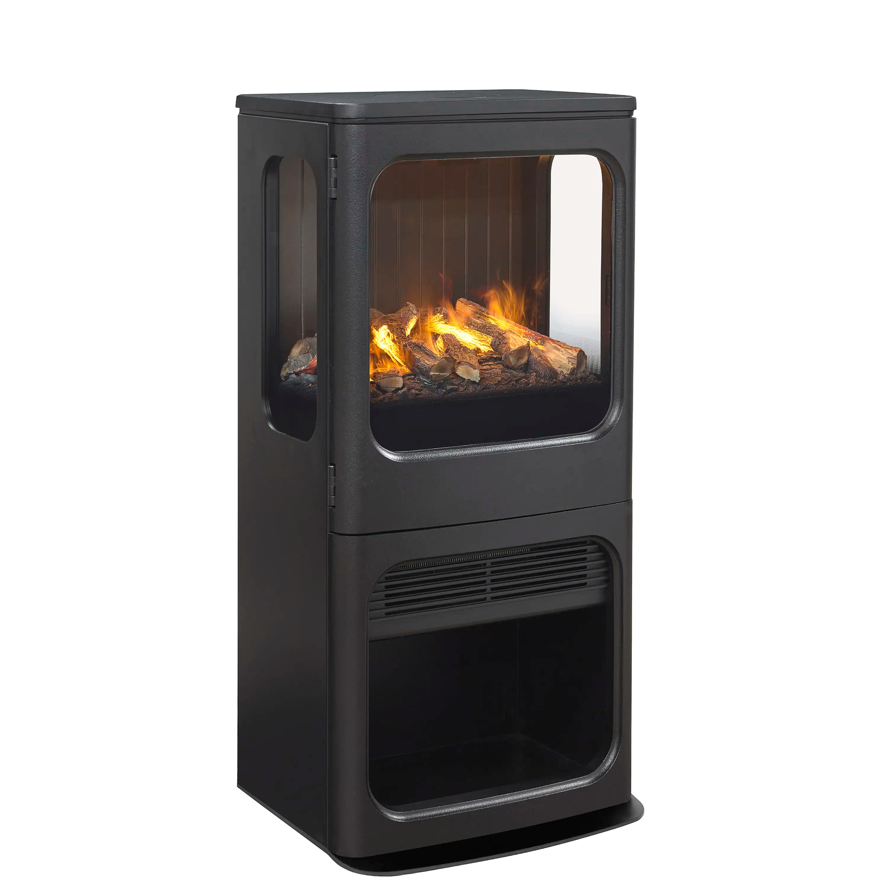 Black water vapor fireplace with 3D flame effect, front glass window and lower storage door.