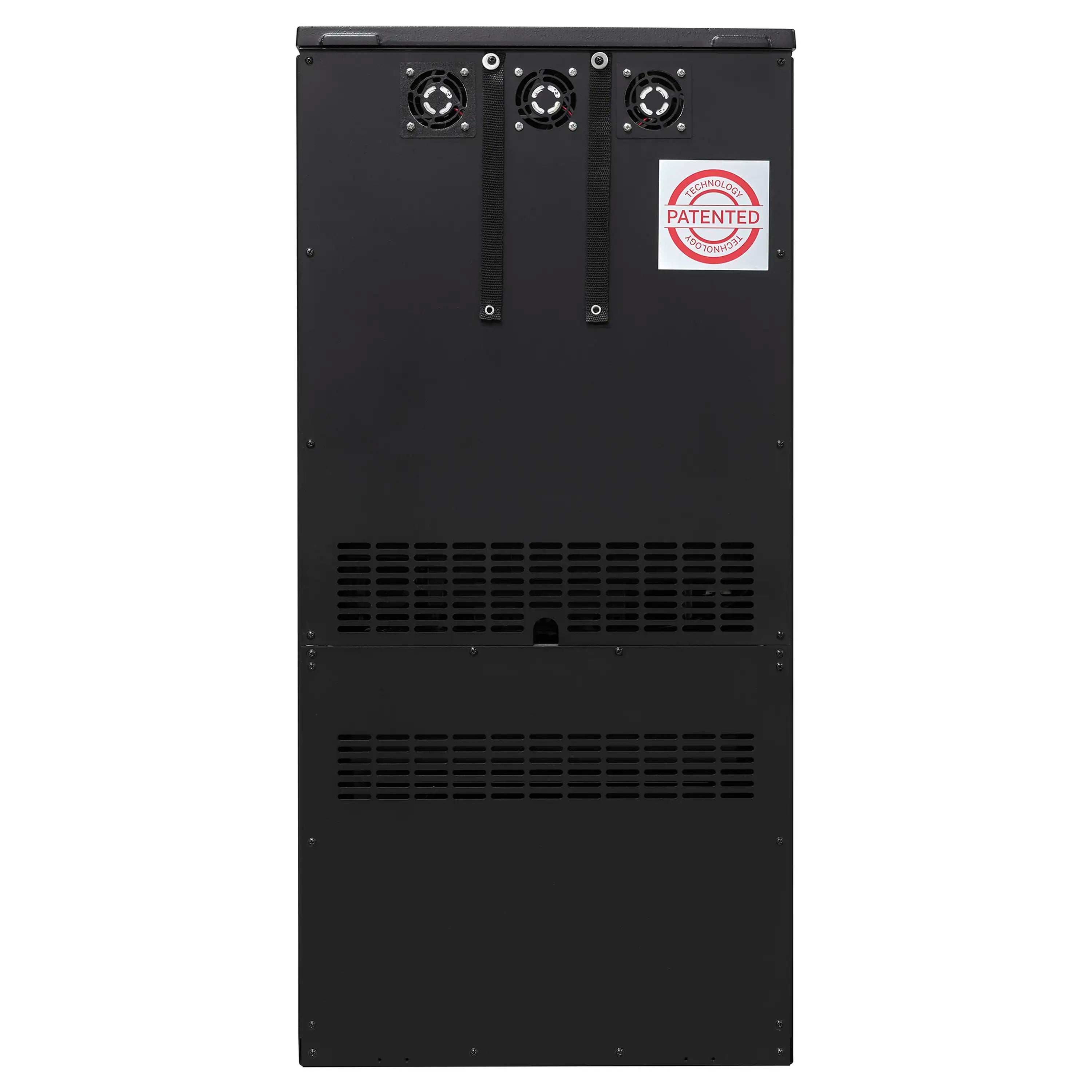 Black water vapor fireplace rear panel with ventilation grilles and three control knobs.