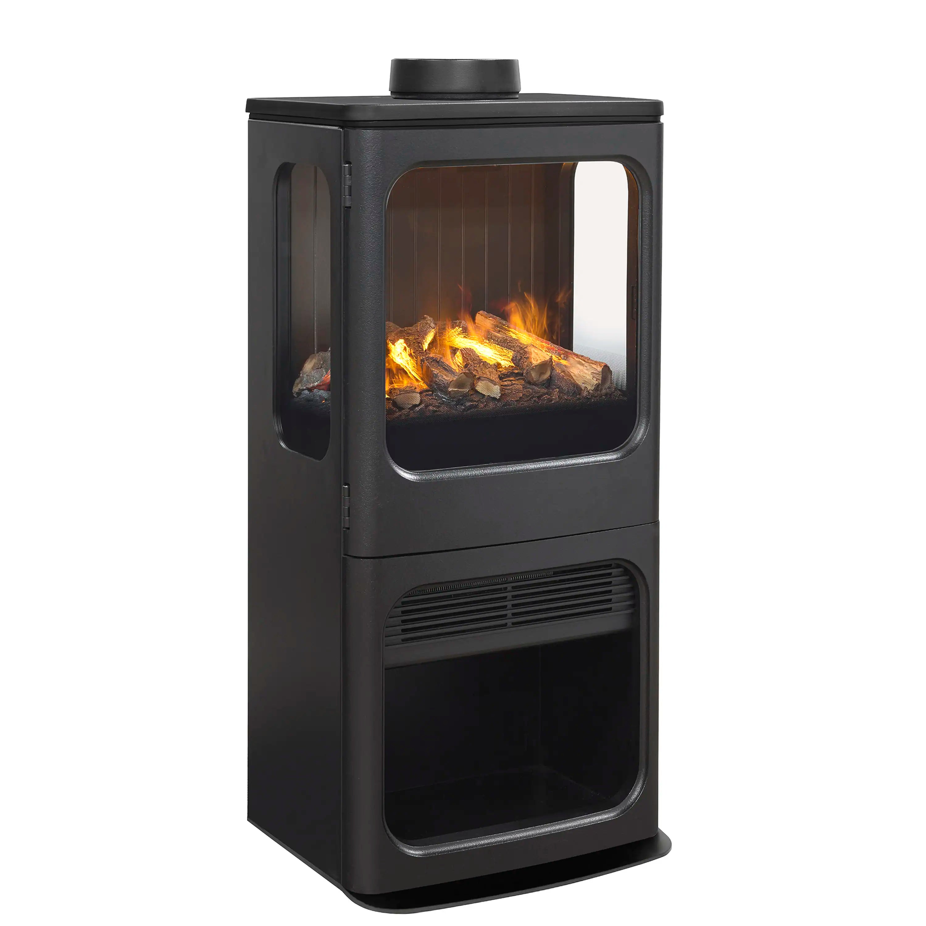 Black water vapor fireplace with front glass window showing 3D flame effect.
