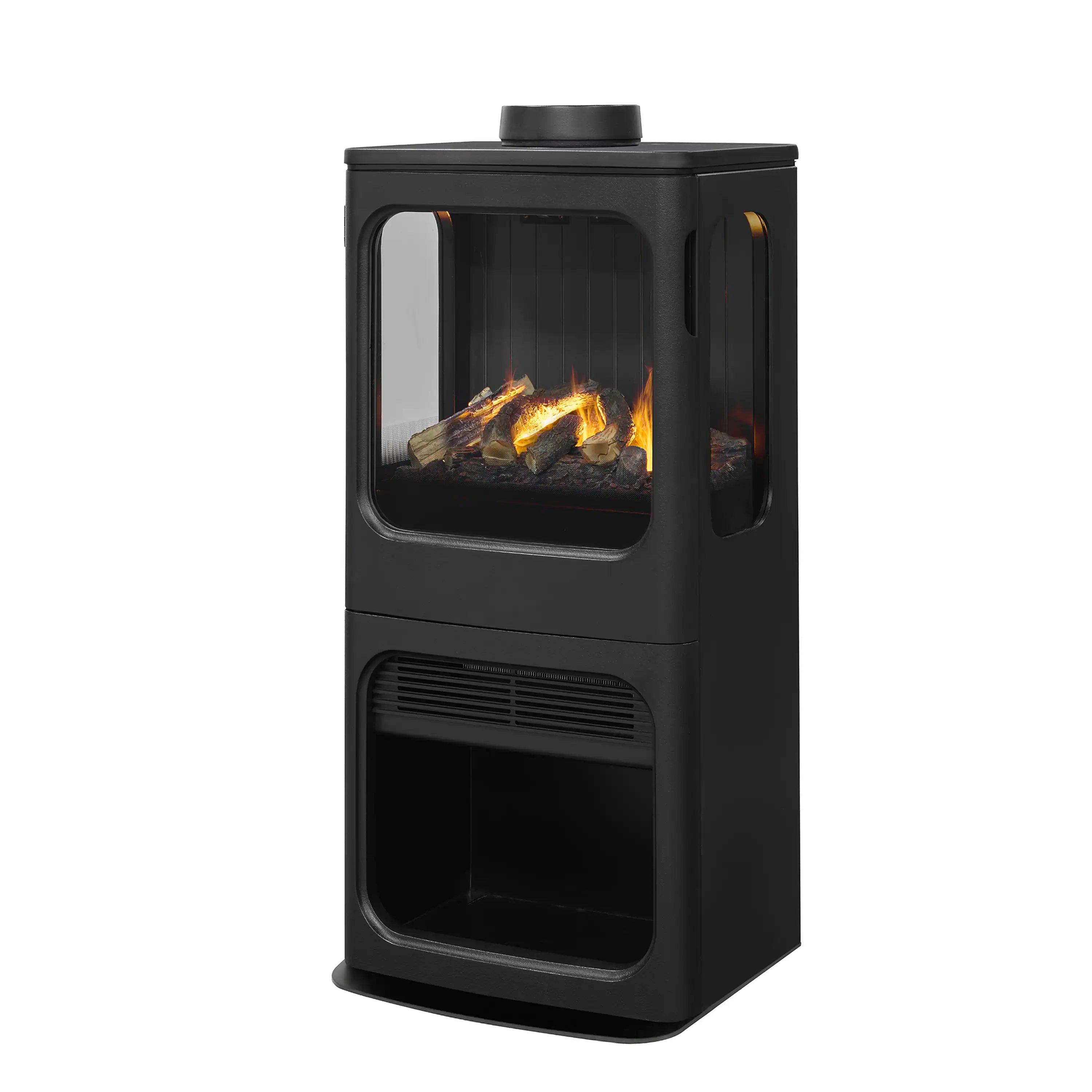 Black water vapor fireplace with front glass window and lower storage door panels.