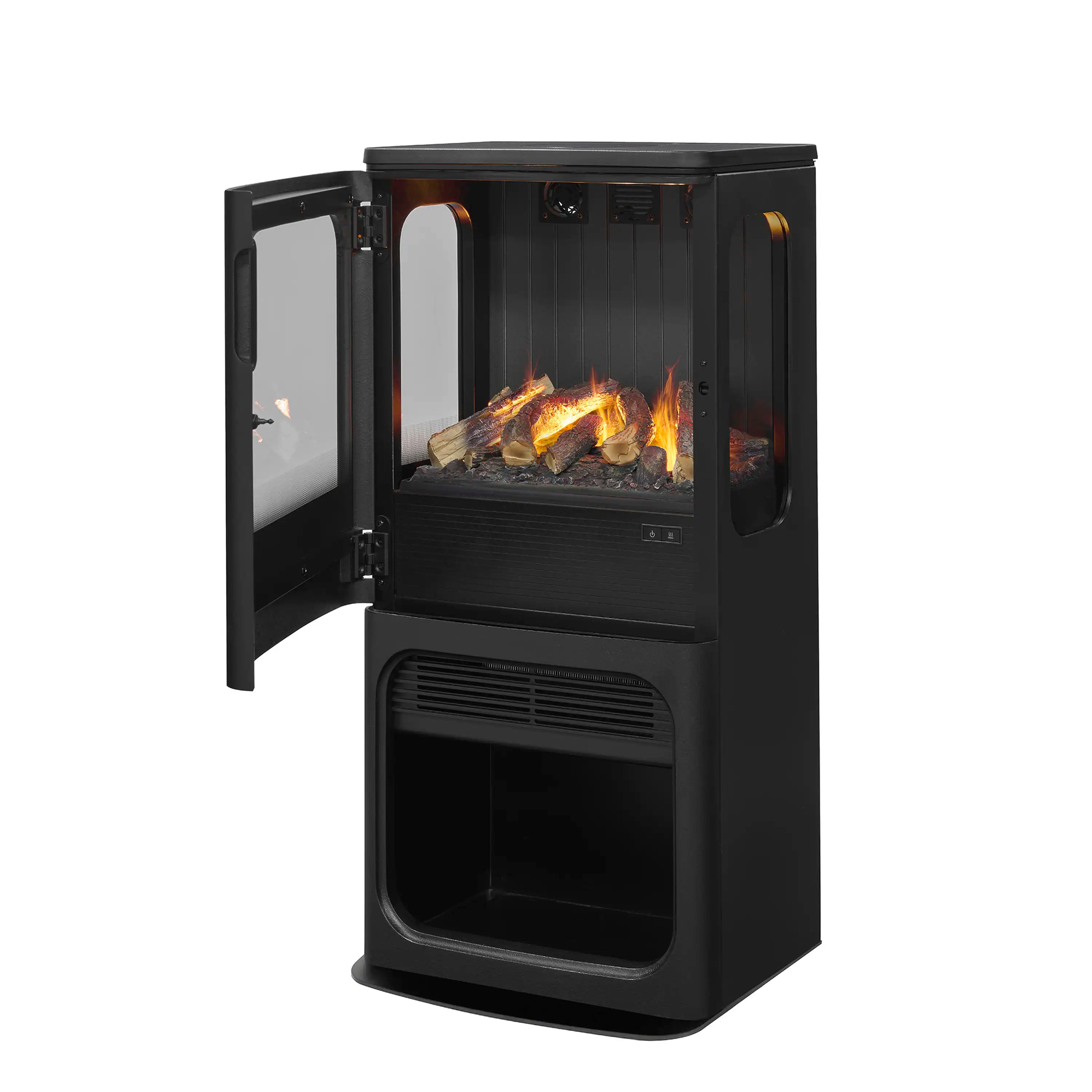 Water vapor fireplace with front door open, showing glass flame chamber interior.