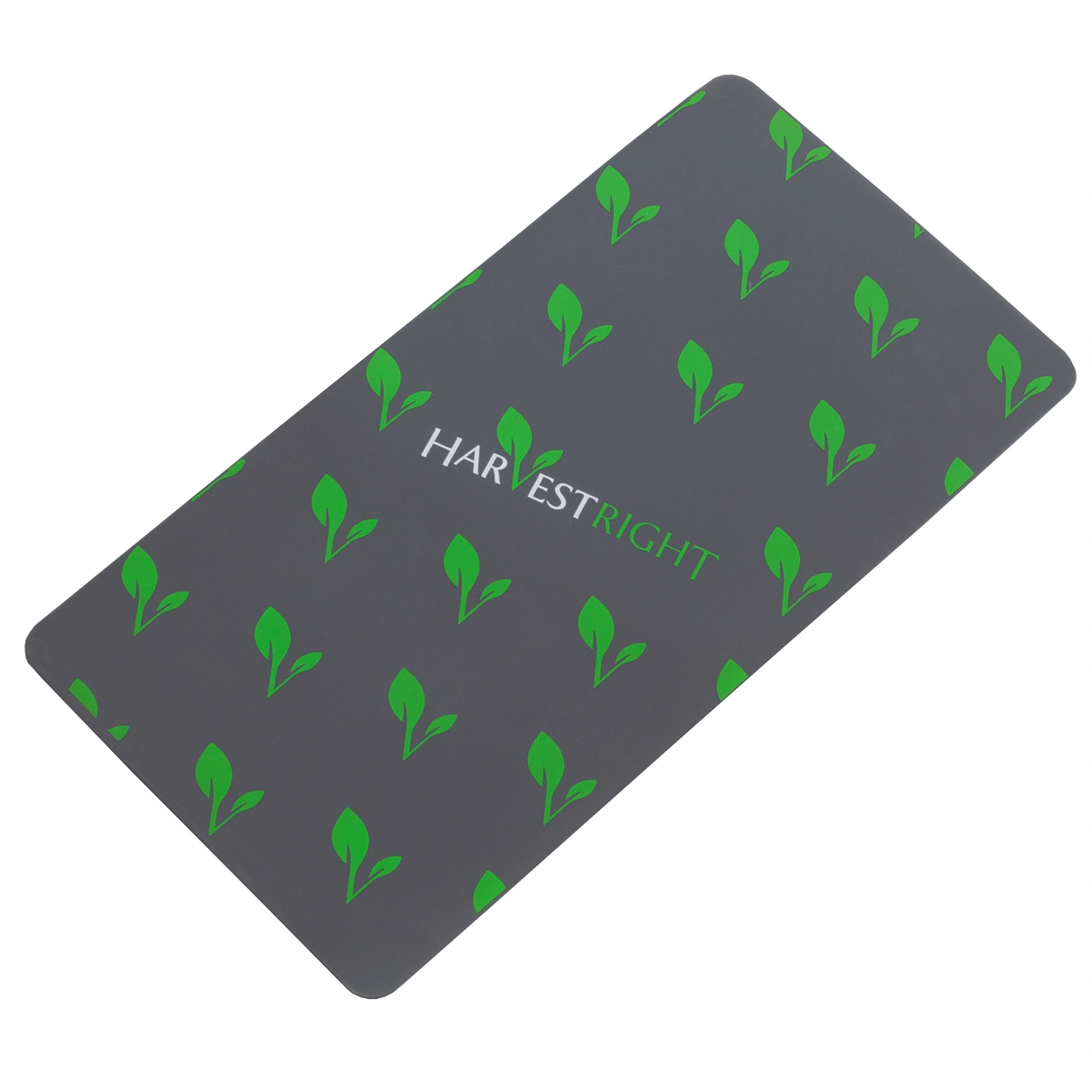 Dark gray silicone mat with green leaf pattern and Harvest Right logo