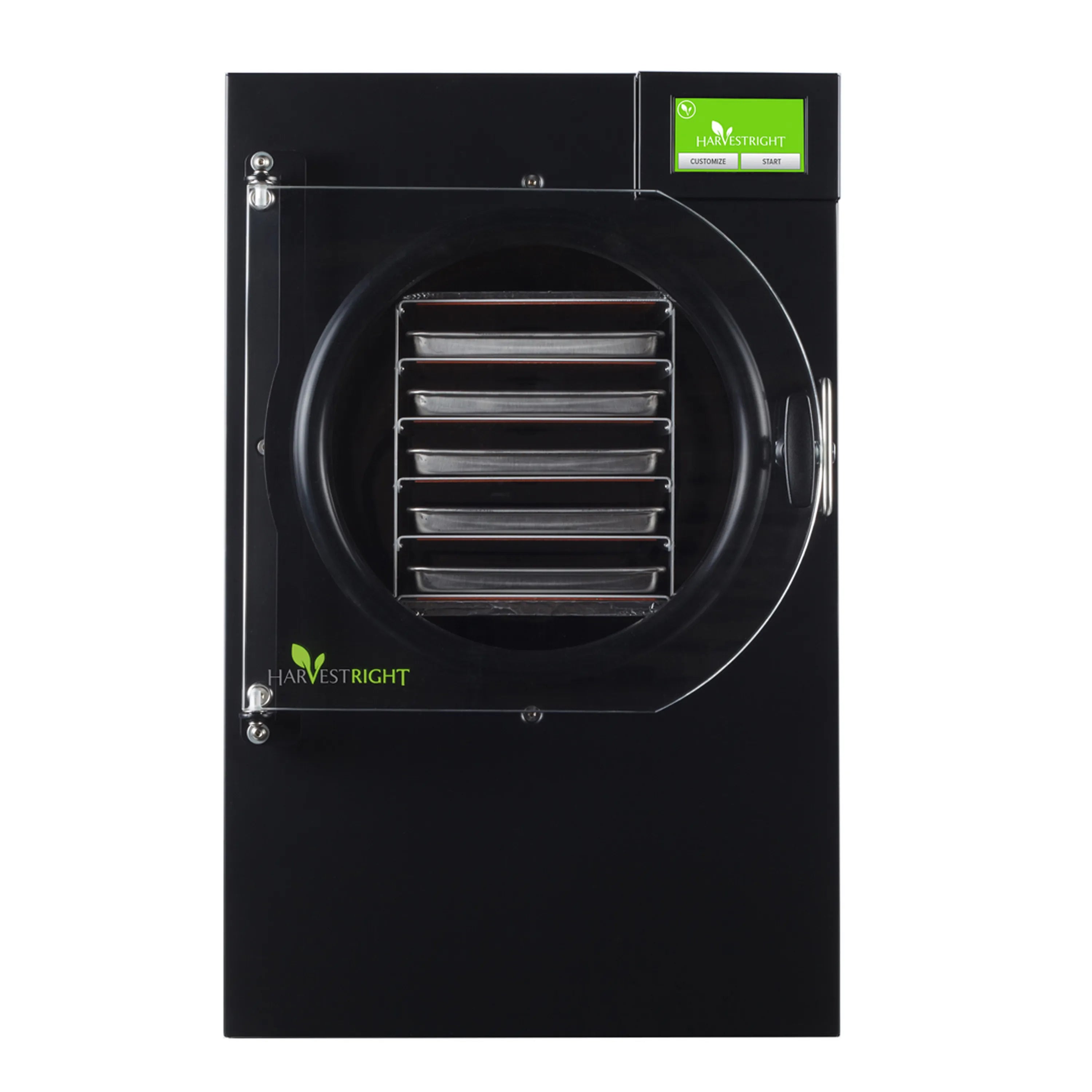 Black home freeze dryer with round door window and stainless tray stack