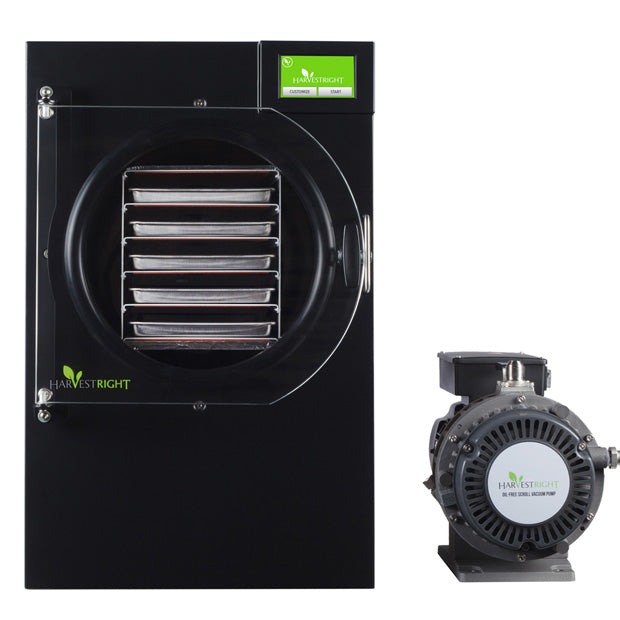 Black home freeze dryer door open with 5 tray rack and connected oil-free pump