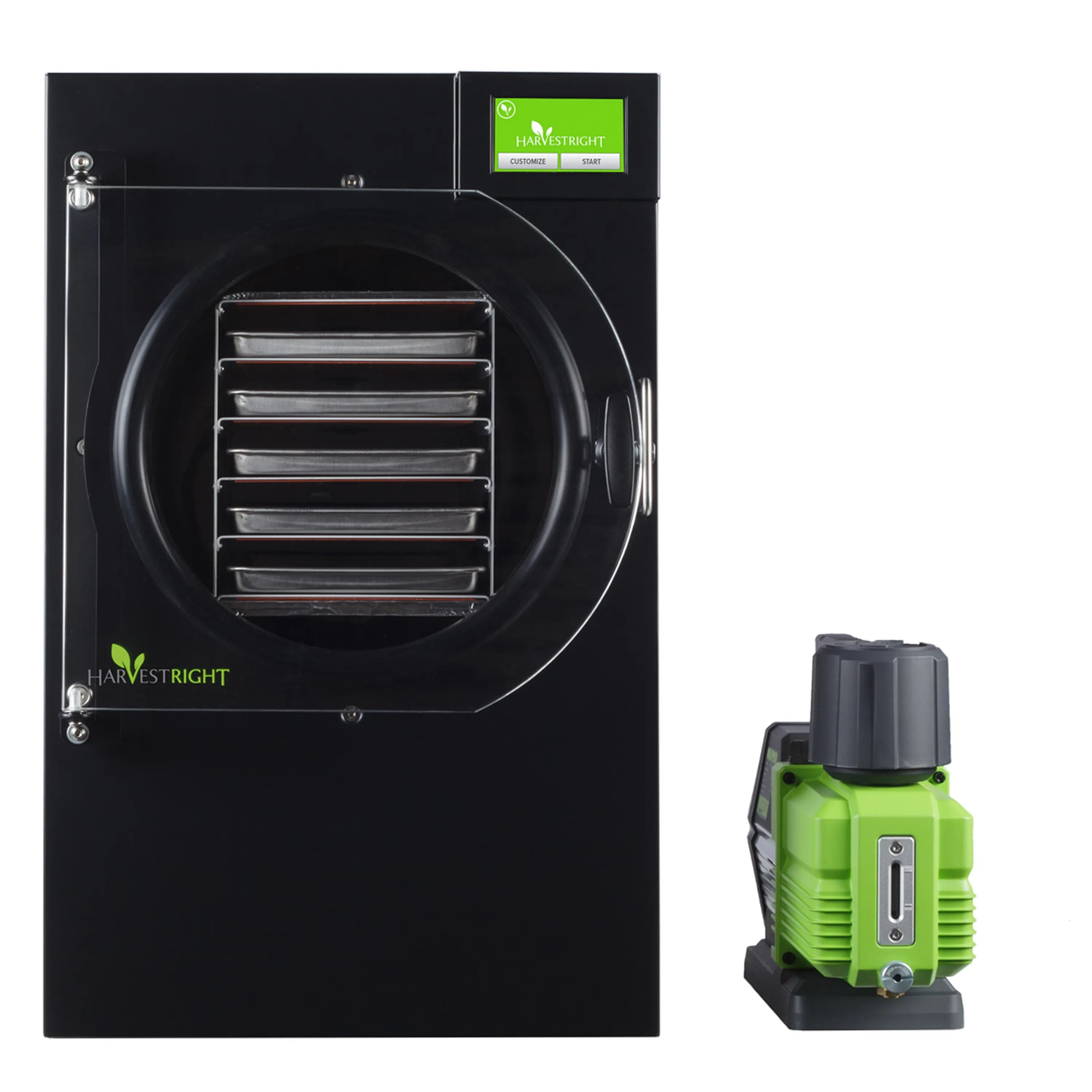 Black home freeze dryer with round door and stainless tray stack